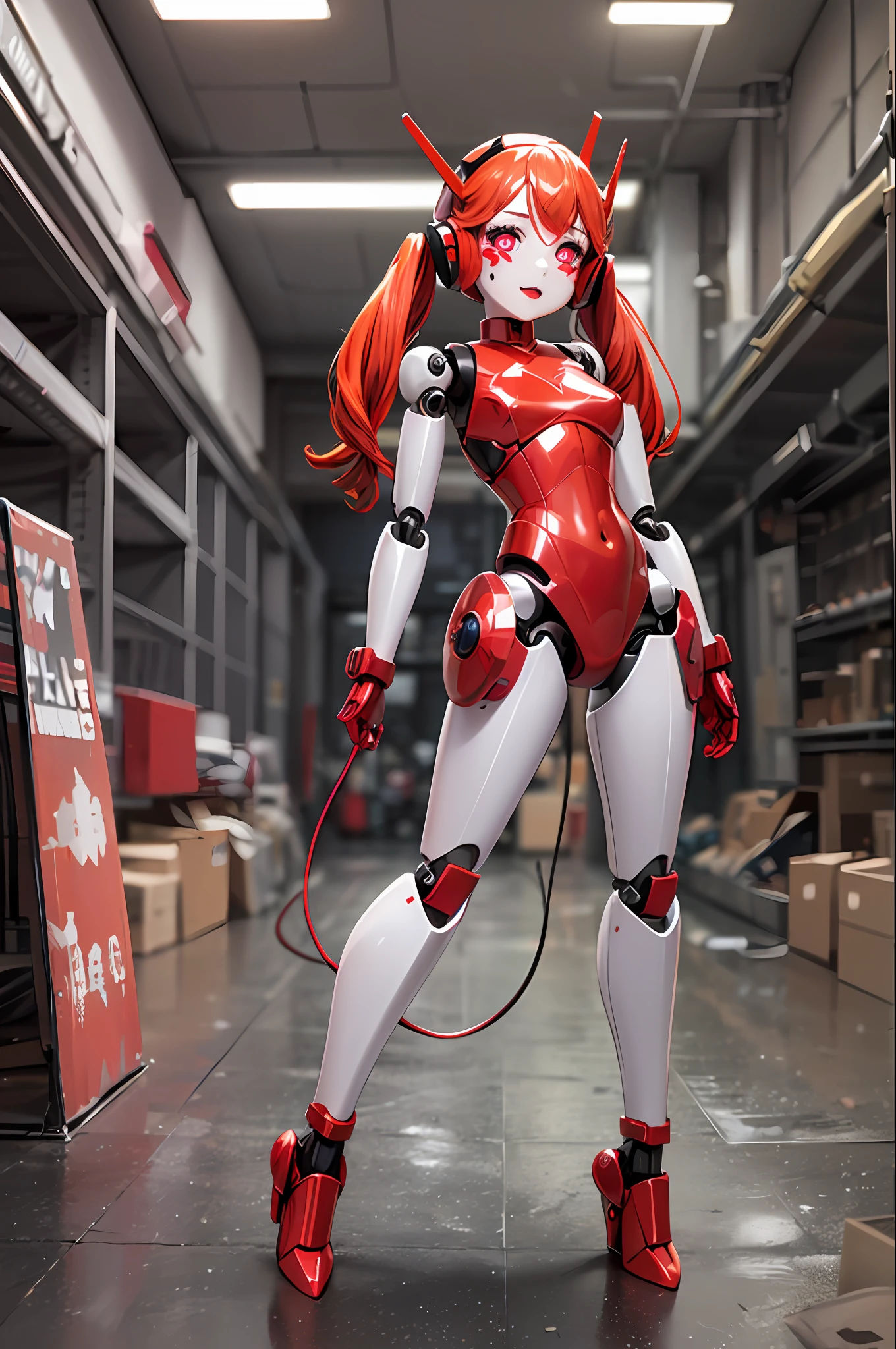 (best-quality:0.8), (best-quality:0.8) , robot girl with shiny red metallic skin, (:1) factory, (shiny red plastic robot face:1.7), (long multi-coloured plastic hair:1), flat chest, glowing eyes, twintails, full body, happy, welding, charging cable, (sparks;1), high heels, petite, half body shot