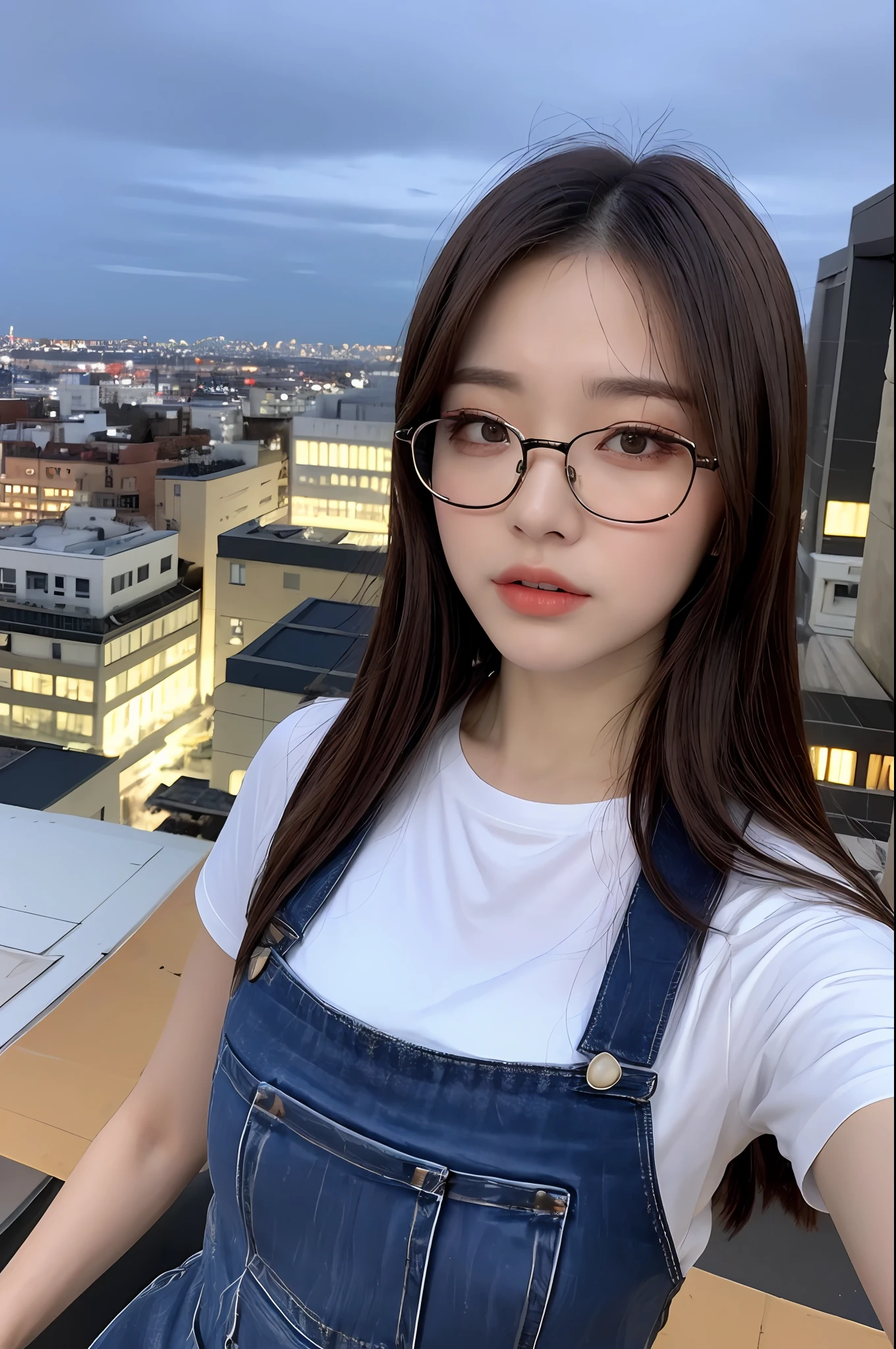 ((Midnight, Best quality, 8k, Masterpiece :1.3)), Whole body, Long legs, Sharp focus :1.2, A pretty woman with perfect figure :1.4, Slender abs :1.1, ((Dark brown hair, Big breasts :1.2)), (White tight tshirt, glasses, Jean bib, Standing:1.2), ((Night city view, Rooftop:1.3)), Highly detailed face and skin texture, Detailed eyes, Double eyelid,