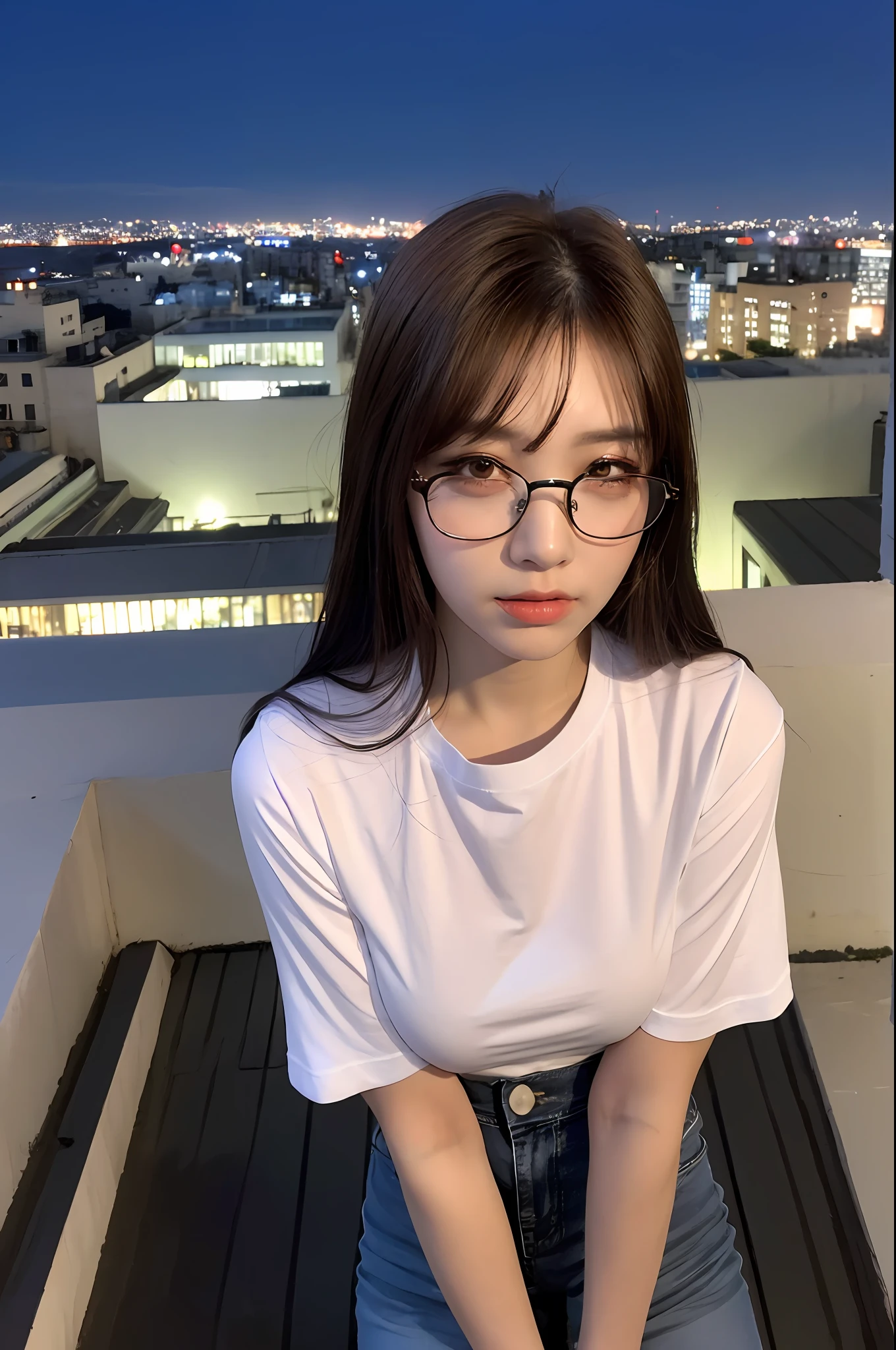 ((Midnight, Best quality, 8k, Masterpiece :1.3)), Whole body, Long legs, Sharp focus :1.2, A pretty woman with perfect figure :1.4, Slender abs :1.1, ((Dark brown hair, Big breasts :1.2)), (White tight tshirt, glasses, Jean bib, Standing:1.2), ((Night city view, Rooftop:1.3)), Highly detailed face and skin texture, Detailed eyes, Double eyelid,