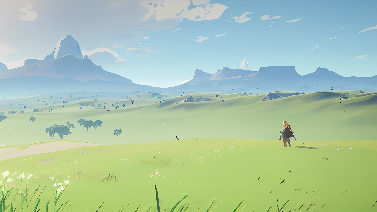zelda there is a picture of a field with a mountain in the background, breath of the wild screenshot, grassy plains, zelda breath of the wild map, breath of the wild, zelda breath of the wild, open plains, an expansive grassy plain, serene field setting, botw, standing in the plains of rohan, serene vast landscape, an epic landscape