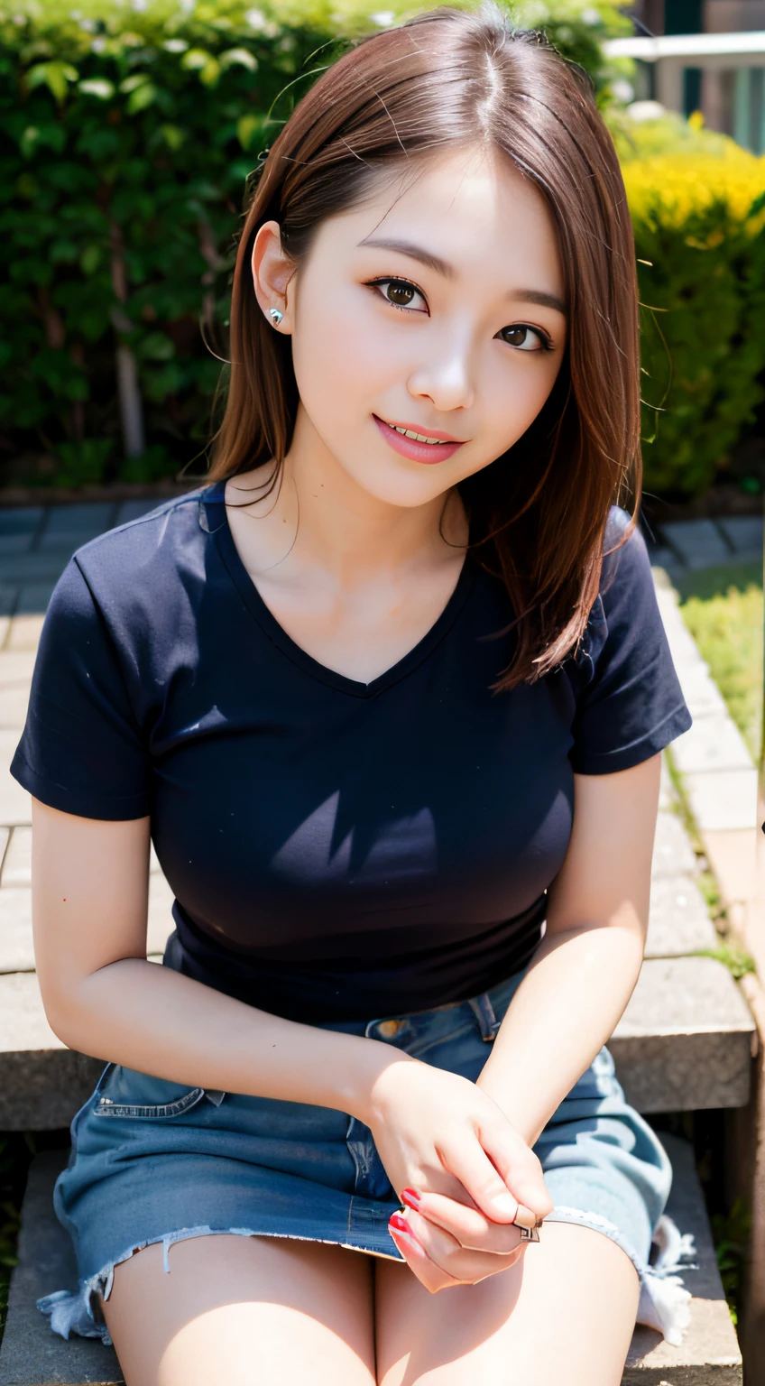 (best qualiy、Master Masterpiece:1.2)、(Realstic、photorealestic:1.37)、8K、Raw photography、Professional lighting、Photon Display、Wireless accuracy、Physical Rendering、Japan girls、kawaii、High school student、Brown hair、Rolled hair、(Super High Angle Shots)、(Big T-shirt:1.5、skirts)、(garden、Stroking the dog)、Squatting、looking up away、(Closed mouth)、A shy、Smile、big boob