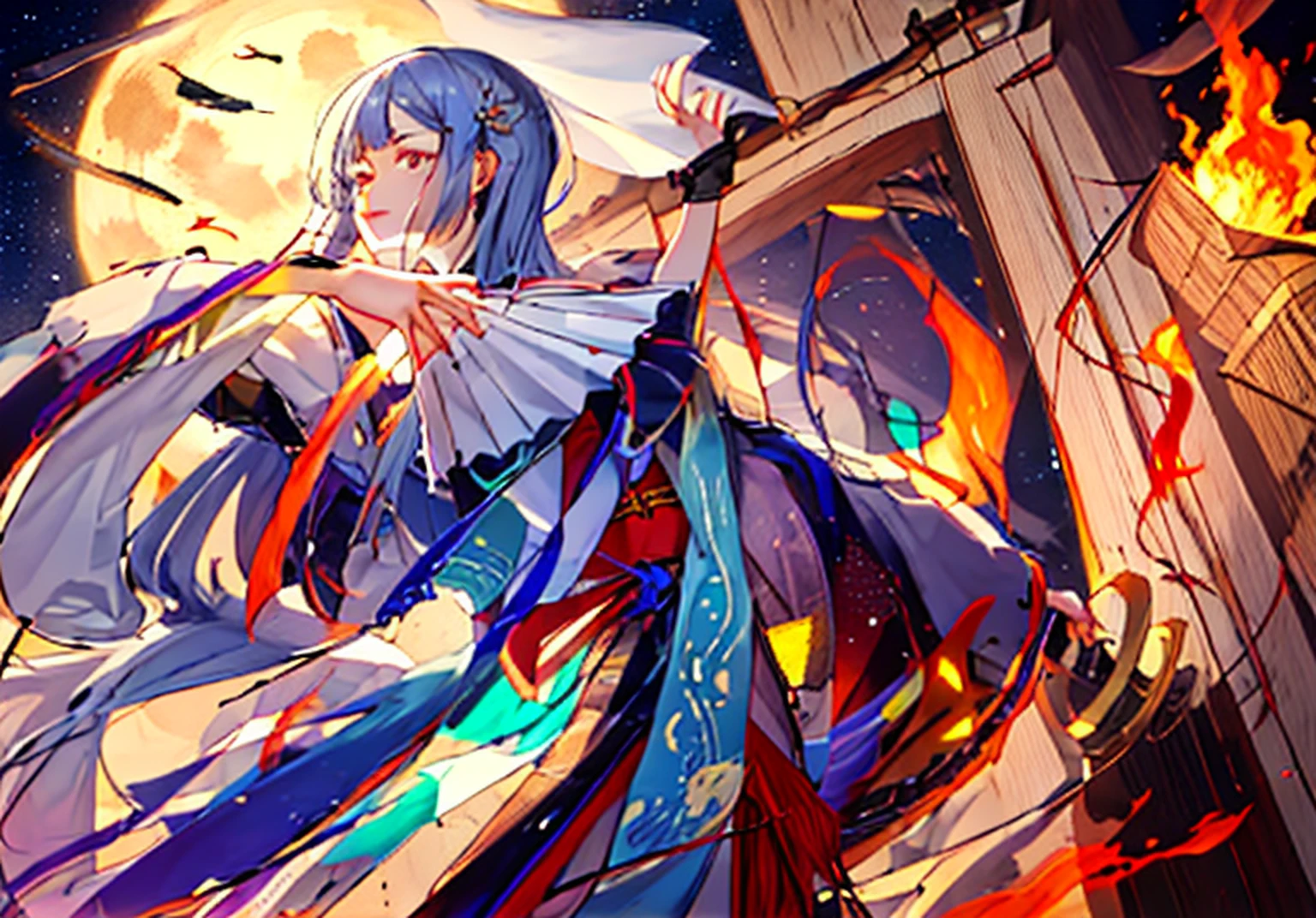 a drawing，A beautiful Japanese witch，Wearing a shrine witch costume，Dancing。Behind her is a shrine，The moonlight shines。A flame burned around her
