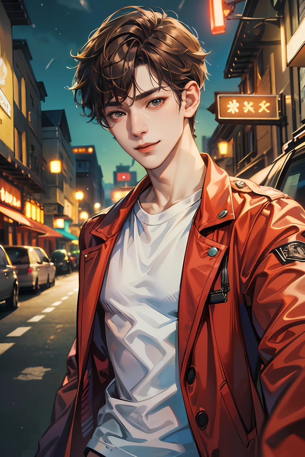 (absurdres, highres, ultra detailed, HDR), masterpiece, best quality, 1boy, handsome, short hair, finely eye and detailed face, (white t-shirt), (red jacket), dimple, night street, night city, midnight, selfie shot, light smile