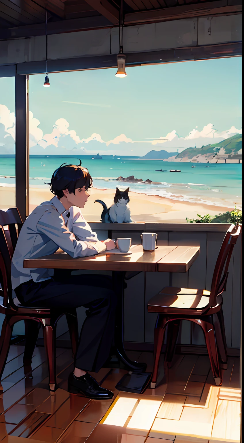 Sunny day at dawn、With one cat、On a hill with a view of the sea、While sitting in a rocking chair、In a white shirt and pants attire、A man brewing coffee while looking at the sea。