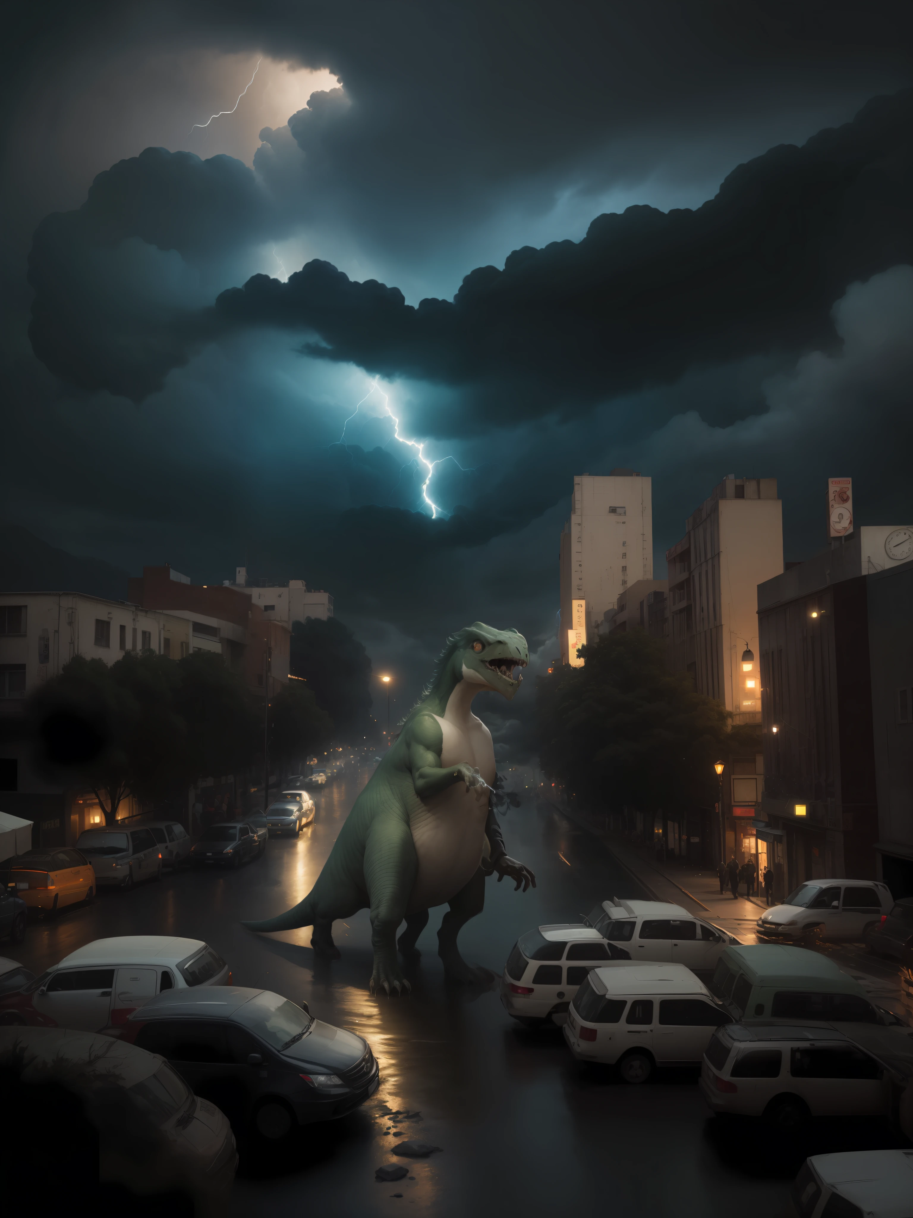 Green Lightning and thunder, dark clouds