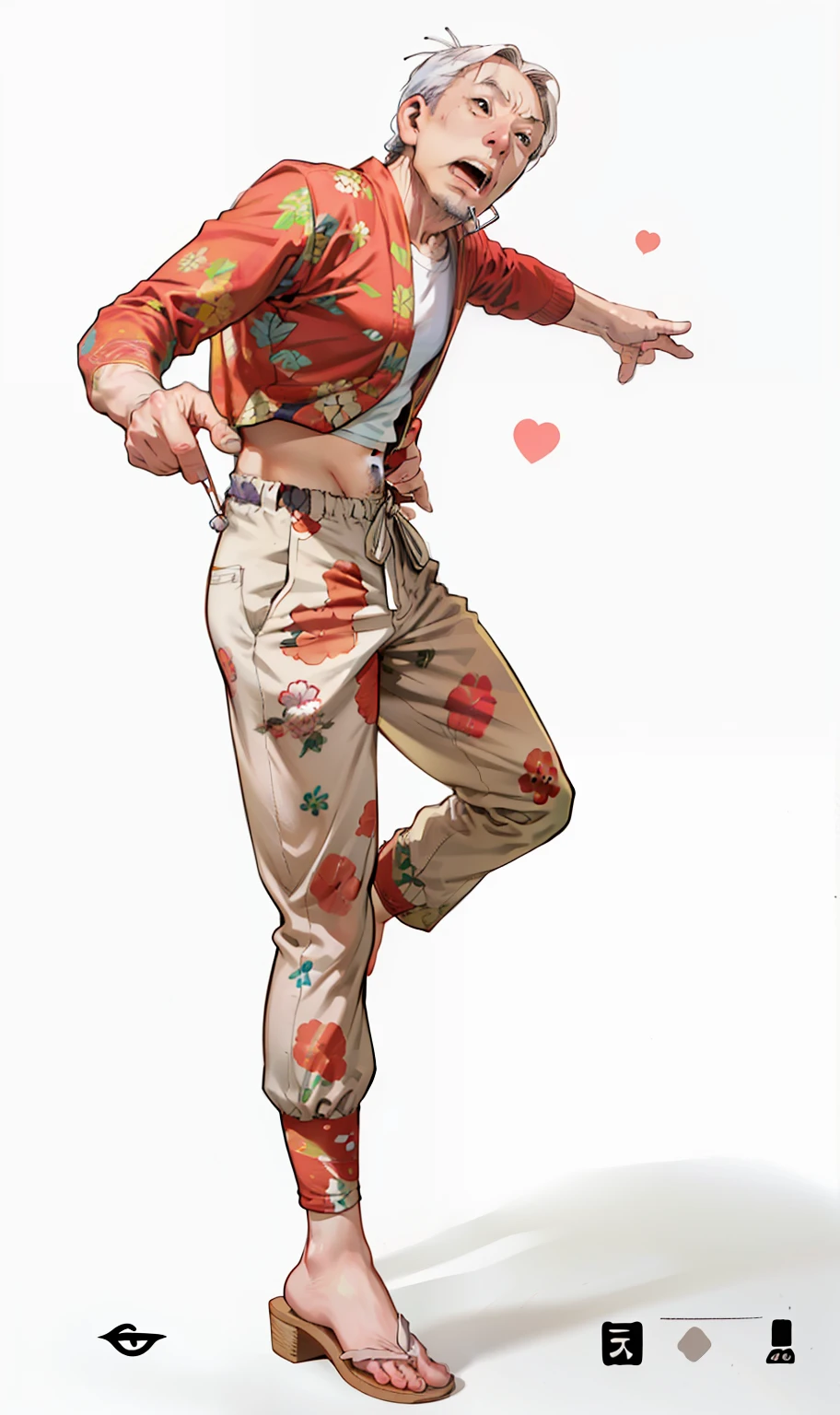 50-year-old man, japones, sonriendo, pointing with the finger, camisa de manga corta con estampados florales, pantalones cortos, vista posterior, de espaldas, Bottom-up angle