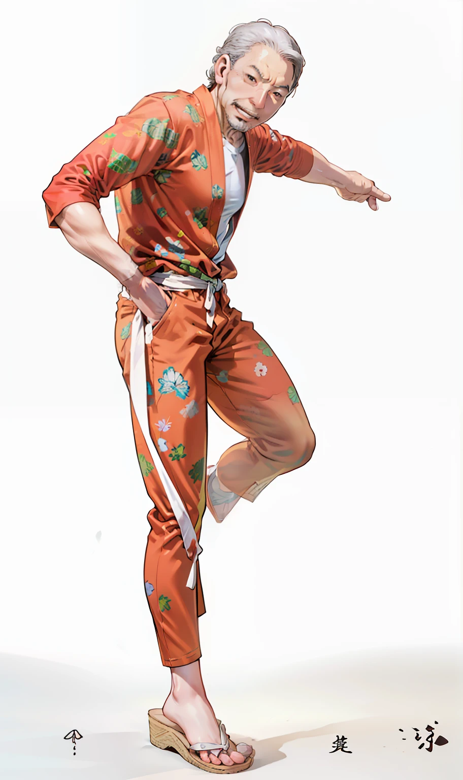 50-year-old man, japones, sonriendo, pointing with the finger, camisa de manga corta con estampados florales, pantalones cortos, vista posterior, de espaldas, Bottom-up angle