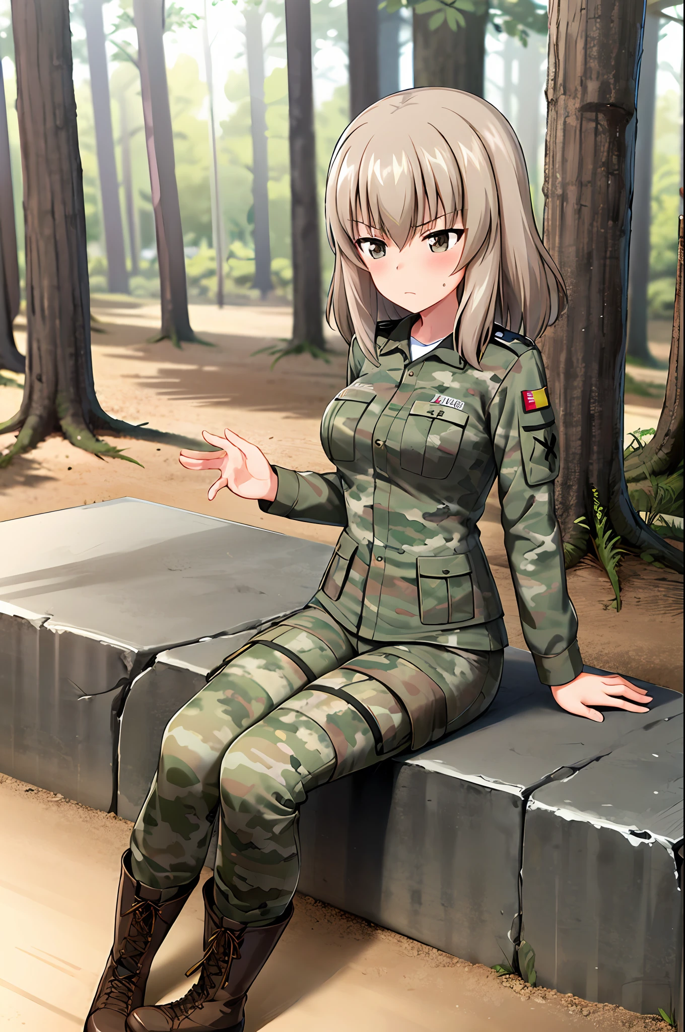 masterpiece, best quality, 1girl,solo,girls und panzer, itsumi erika, medium breasts, frown, blush, disappointed, embarressed, shy, outdoor, forest, forest clearing, military uniform, camo uniform, camouflage uniform, Tight clothing, brown boots, light brown boots,  , U.S. Army camouflage pattern, camo pants, camouflage pants, army uniform, full uniform,