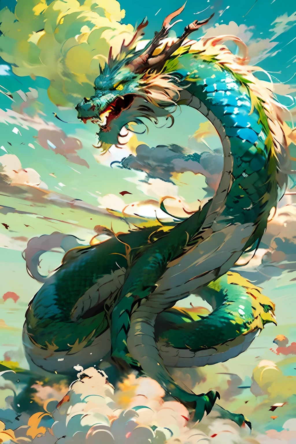 Best quality, masterpiece, super high resolution, no human, (length: 1.2), sky, yellow eyes, clouds, scales, green oriental dragon, open mouth, sharp teeth, flying, horns, teeth, sky, claws, fangs, blue sky