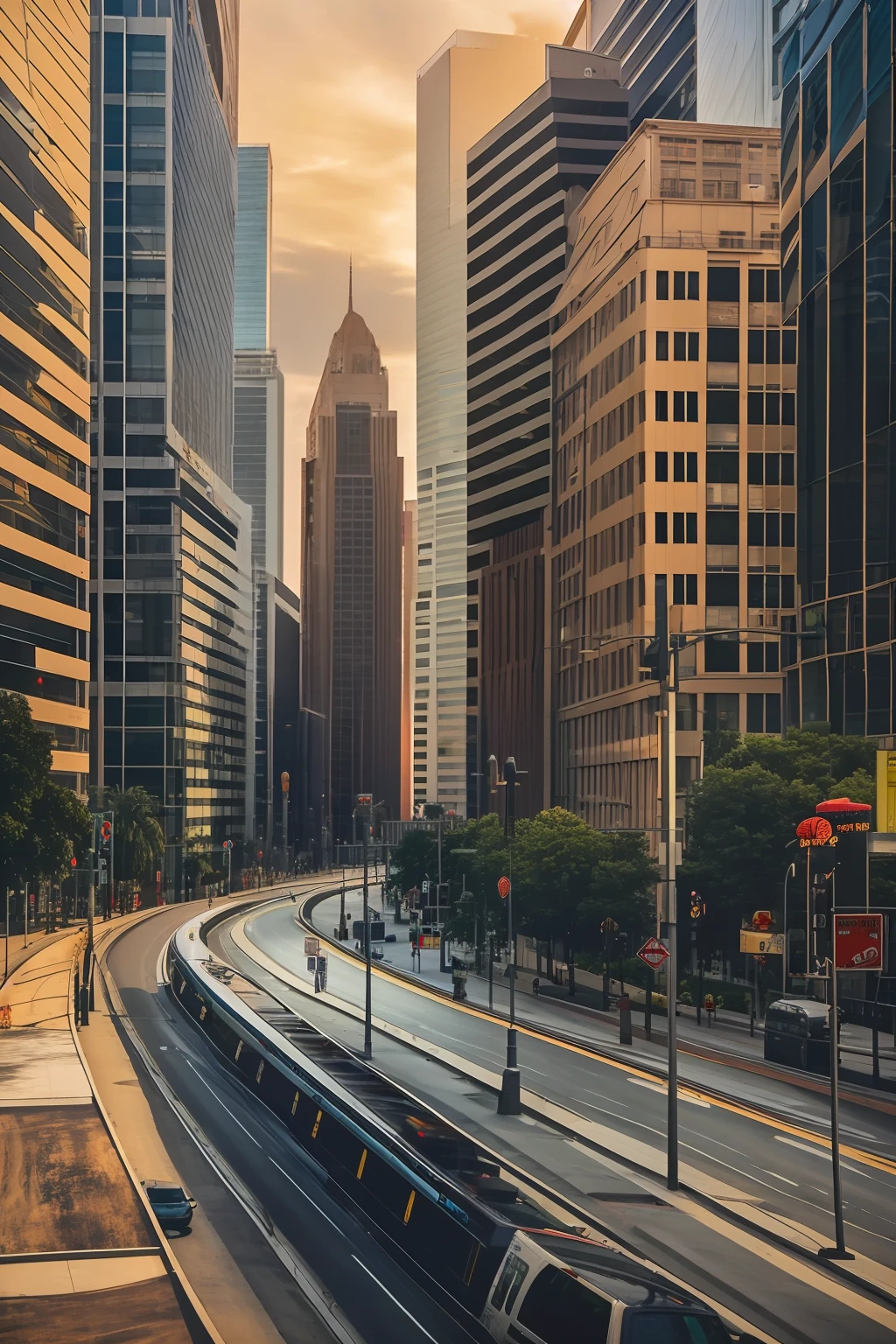 City Street，crossing street，bird's view，dvArchModern, 85mm, f1.8, portrait, photographrealistic, Hyper-realistic, orante, Ultra detailded, intricated, Dramatic, Sunset lighting, sombras escuras, High dynamic range