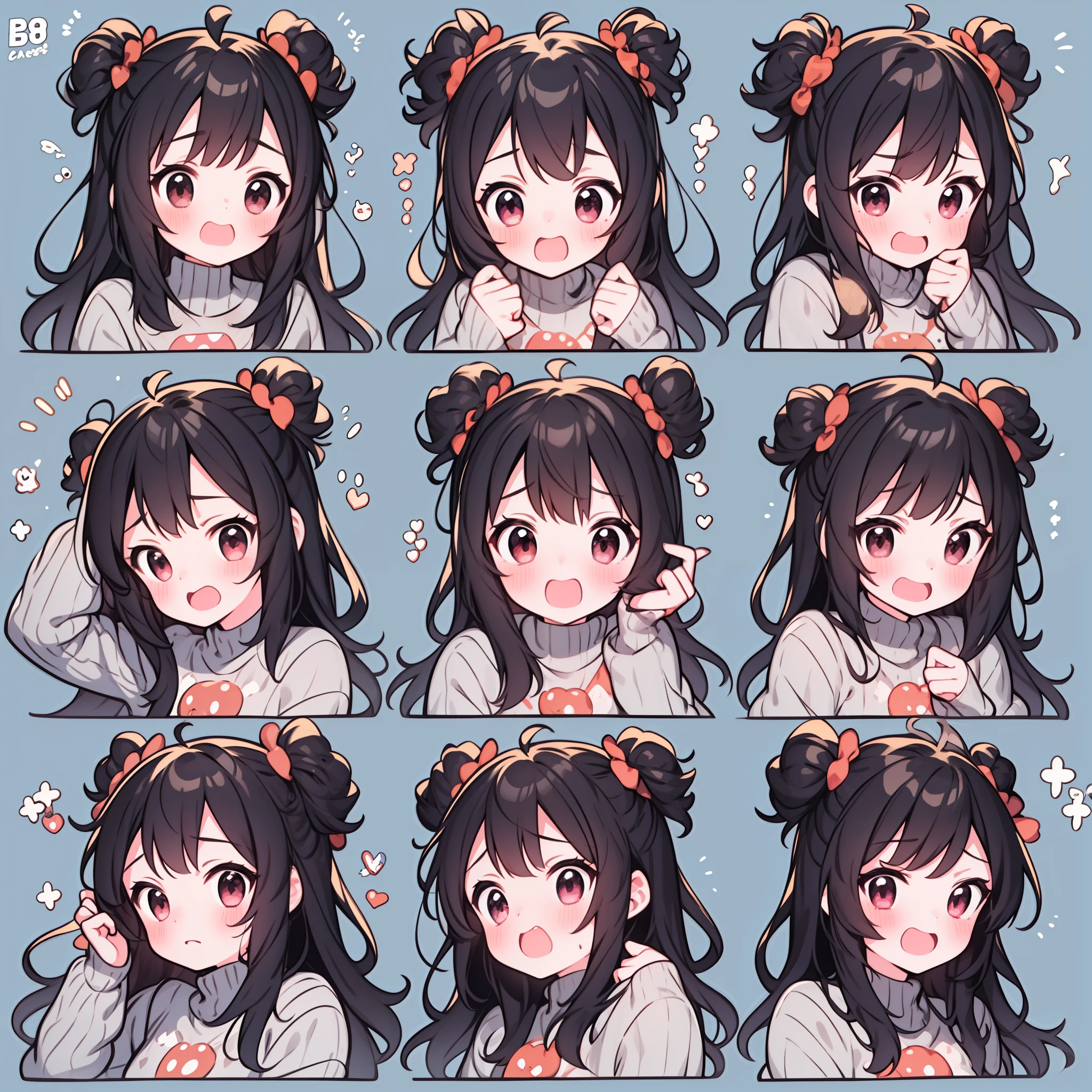 Cute girl avatar，emoji pack，Little devil，(9 emojis，emoji sheet，Align arrangement)，9 poses and expressions（Grieving，astonishment，having fun，excitement，big laughter，angry，doubt，Touch your head，Sell moe, wait），Anthropomorphic style，Disney style，Black strokes，Different emotions，9 poses and expressions，8K