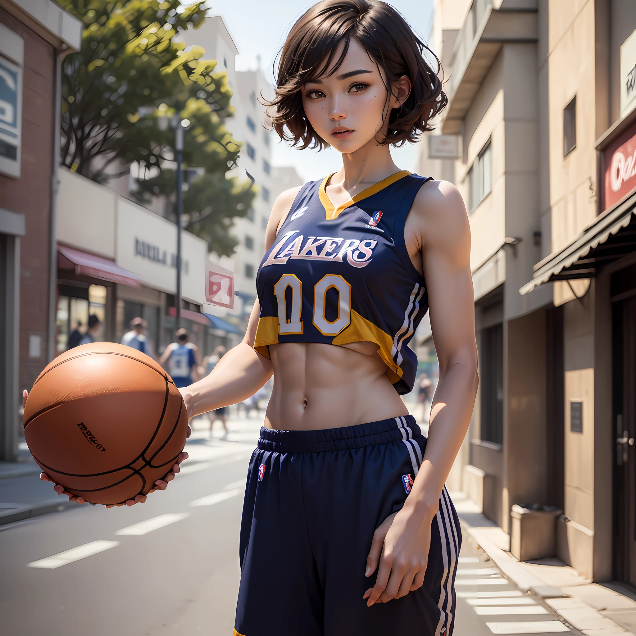 ((bestquality, 10, masterpieces :1.3)), perfect body beauty: 1.4, Slim Abs: 1.2, ((Layered Hairstyle: 1.2)), (streets: 1.2), Highly detailed face and skin texture, detailed eyes, Double eyelidd, Lakers No. 24 basketball jersey, holding a basketball, --auto
