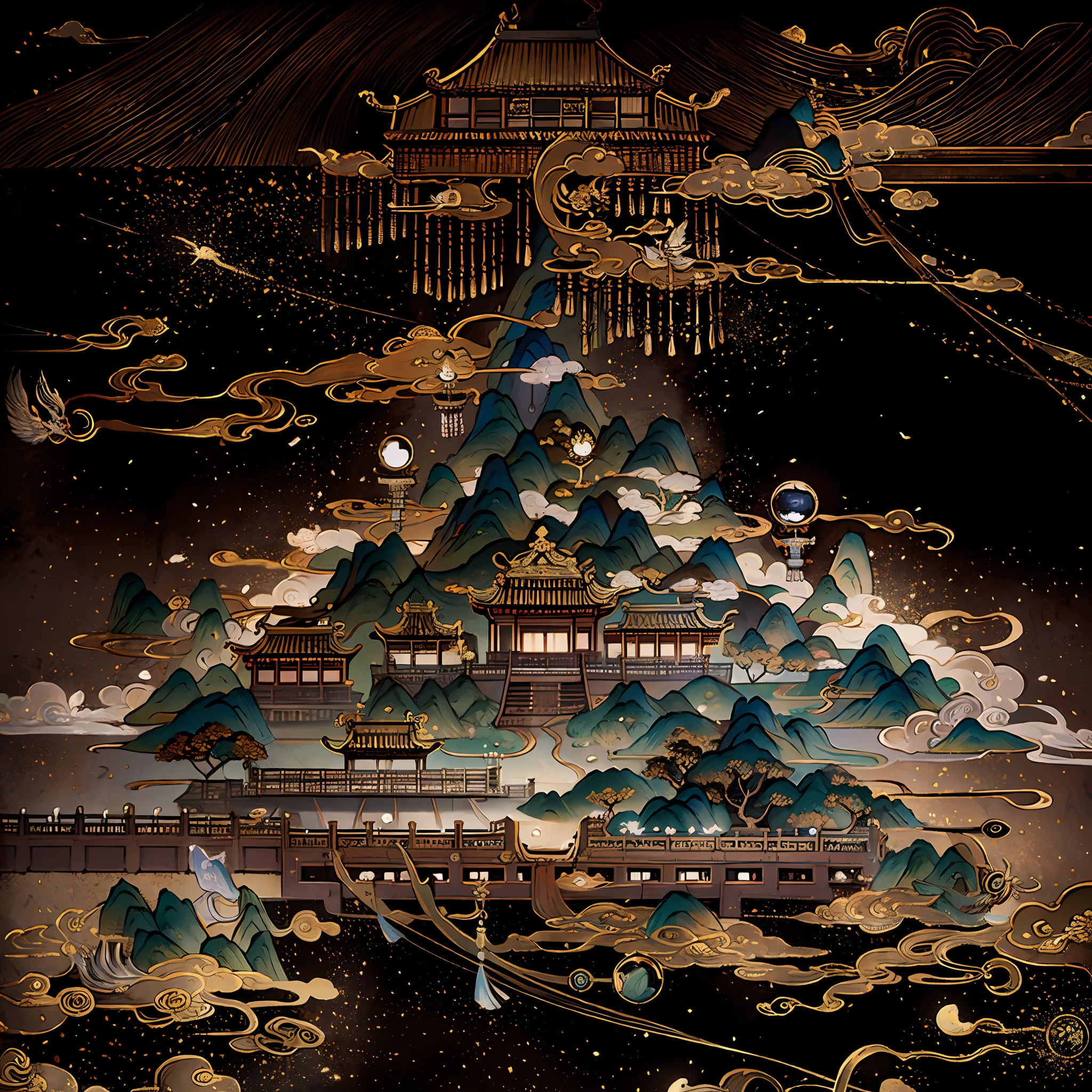 An ancient Chinese painting, ancient Chinese background, mountains, rivers, auspicious clouds, pavilions, sunshine, masterpieces, super detail, epic composition, ultra HD, high quality, extremely detailed, official art, unified 8k wallpaper, Super detail, 32k -- v 6