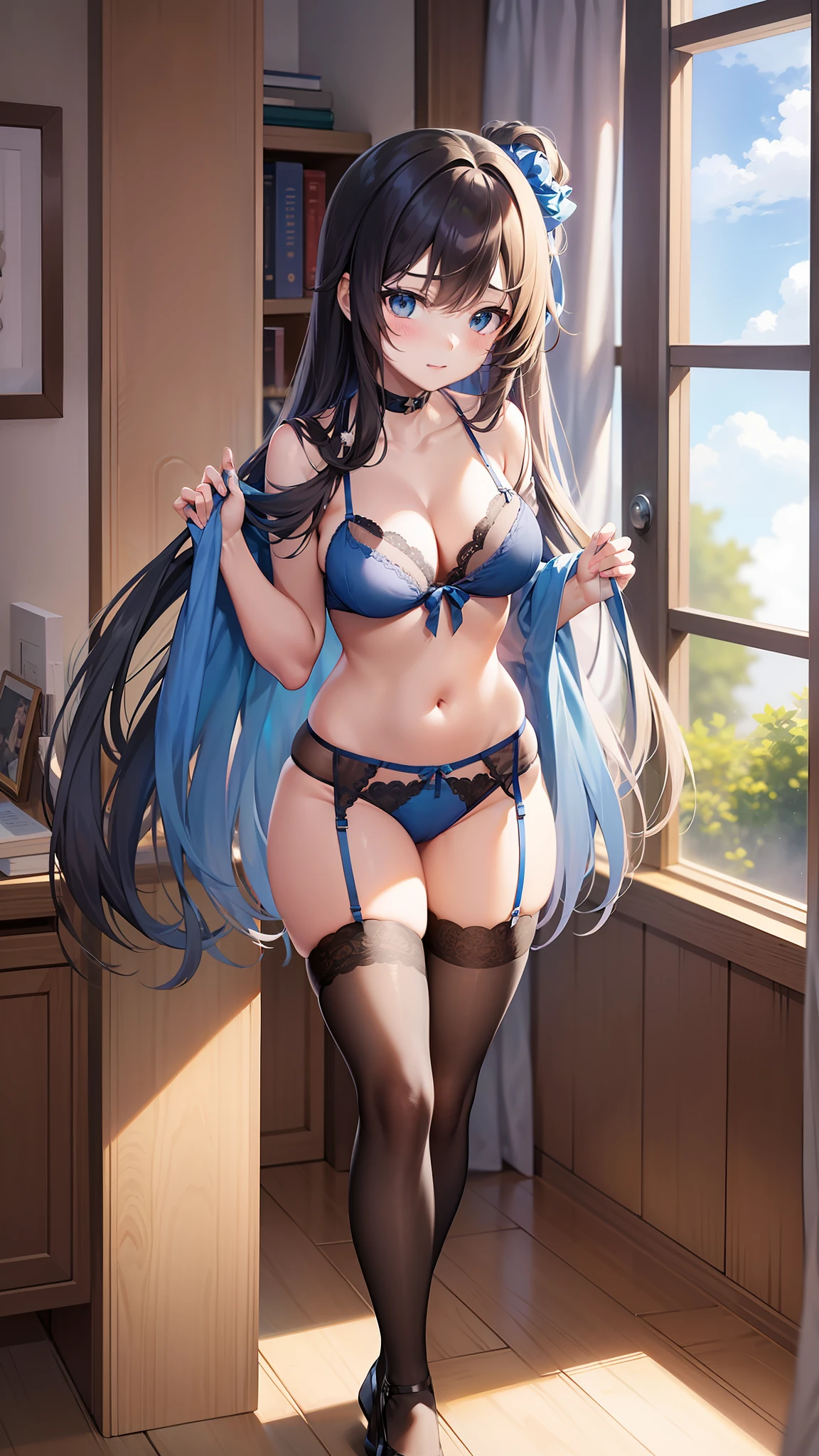 highschool girl Light blue lingerie school room Changing clothes beste Quality anime illustrated Shyness 1girl