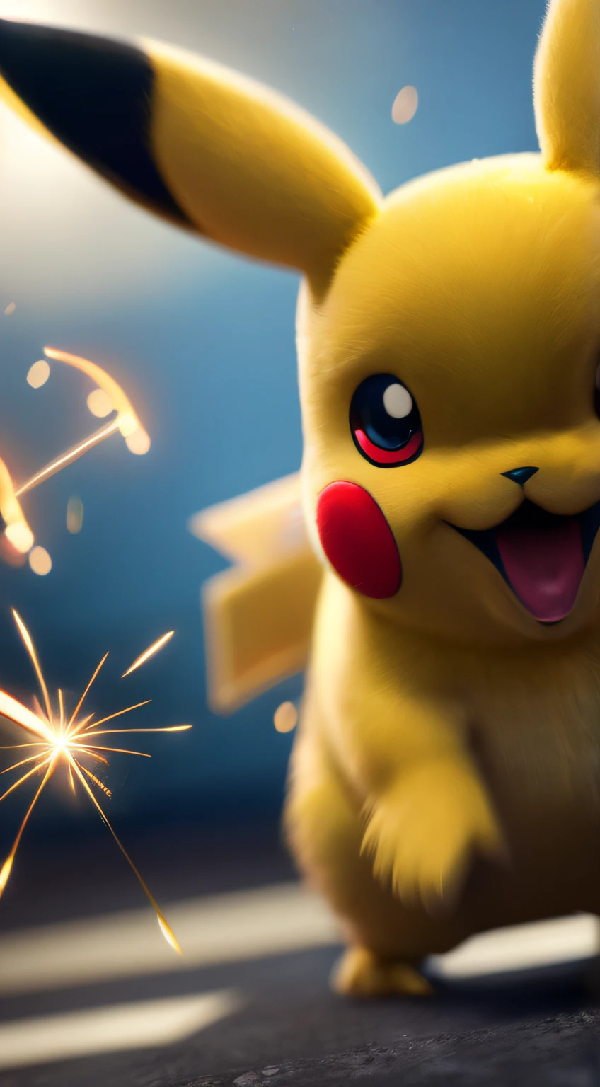 pikachu, special effects, sparks, debris, camera shake, low angle shot, close-up on facial expressions, wide shot capturing the chaos, dynamic camera movement,Cinema 4D --auto
