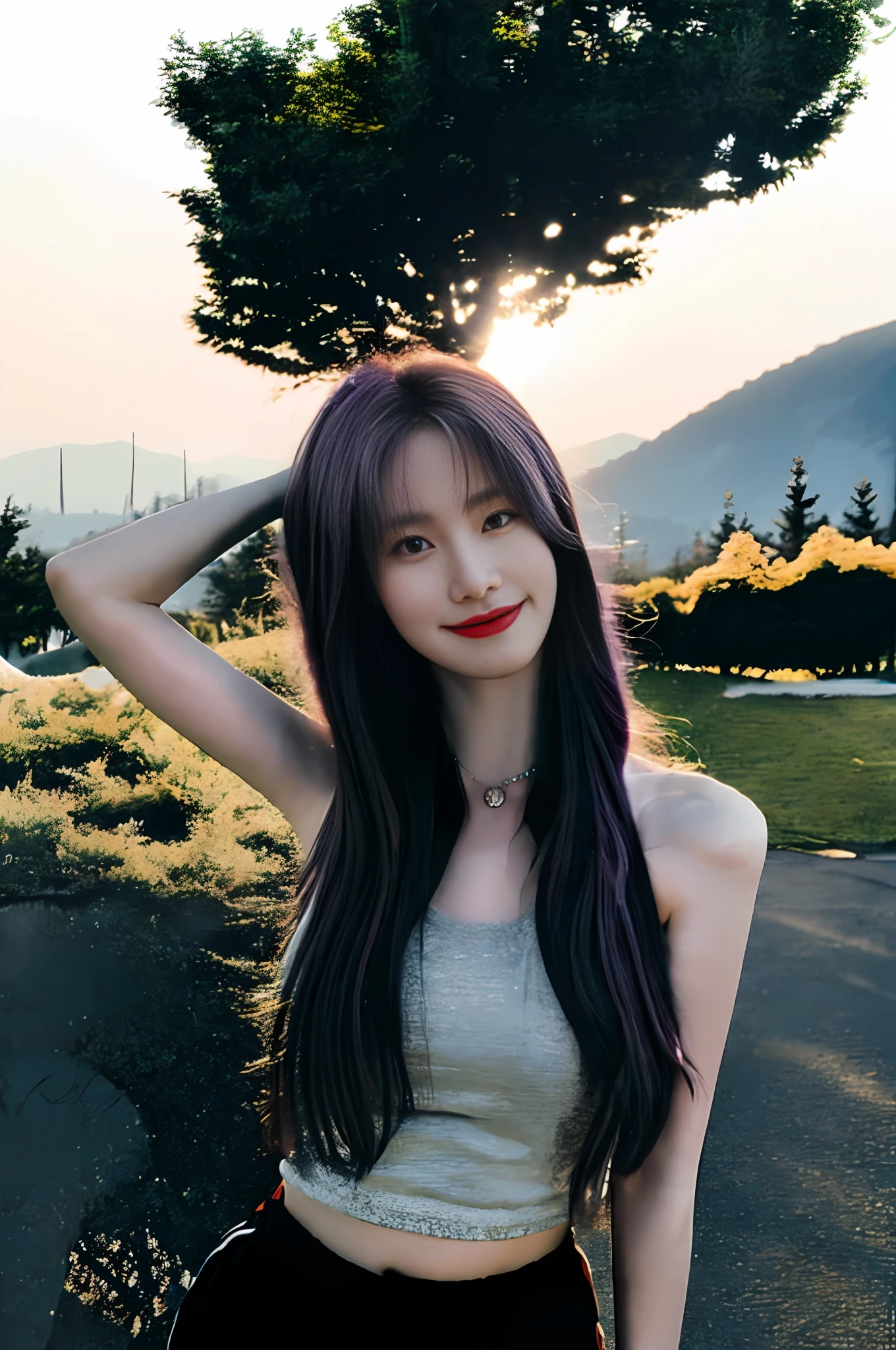 1girl, beautiful face, long straight purple hair, photorealistic:1.4, raw photo, natural_skin_texture, realistic_eye_and_face_details, hyperrealism, ultra high res, 4K, Best quality, necklace, hourglass_figure, wearing black pleated trouser, breathtaking background, real life photo, bokeh, daytime, vibrant colors, eyes_squinted, sunny weather, on top of a mountain, wearing a white tanktop, posing for photo, subtle_smile, orange sun, cinematic sunlight, flowers, cityscape