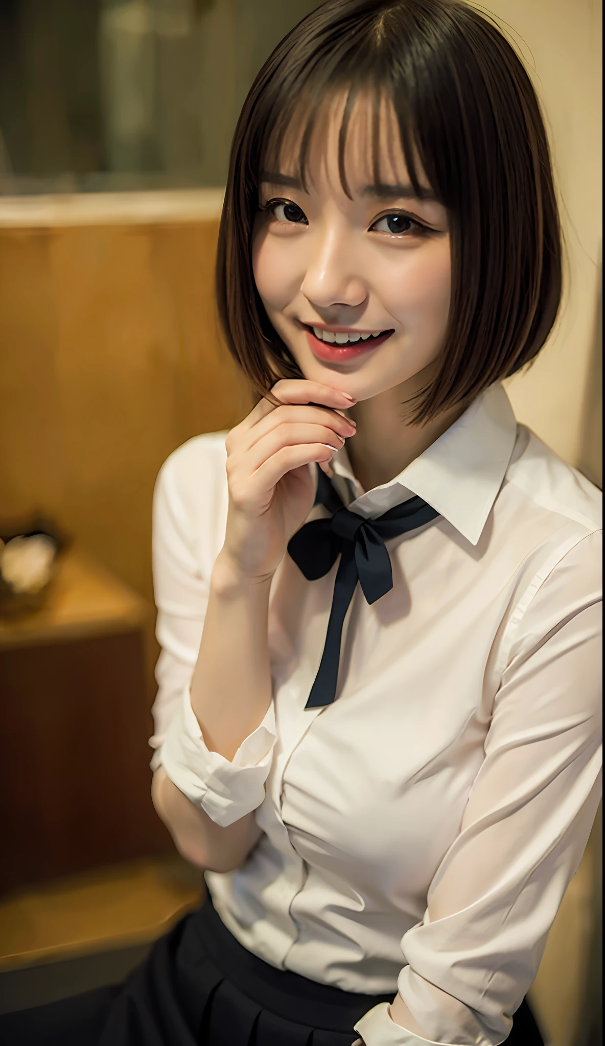 (8k, RAW photo, best quality, masterpiece:1.2), (realistic, photo-realistic:1.37), ultra-detailed,
1 girl,cute, solo,beautiful detailed sky,detailed cafe,night,sitting,dating,(nose blush),(smile:1.1),(closed mouth),large breasts, seductive smile, large aparture, professional lighting, Sony A7R4, Zessie 50mm F1.8,
medium breasts,beautiful detailed eyes,(collared shirt:1.1), bowtie,pleated skirt,(short hair:1.2),floating hair