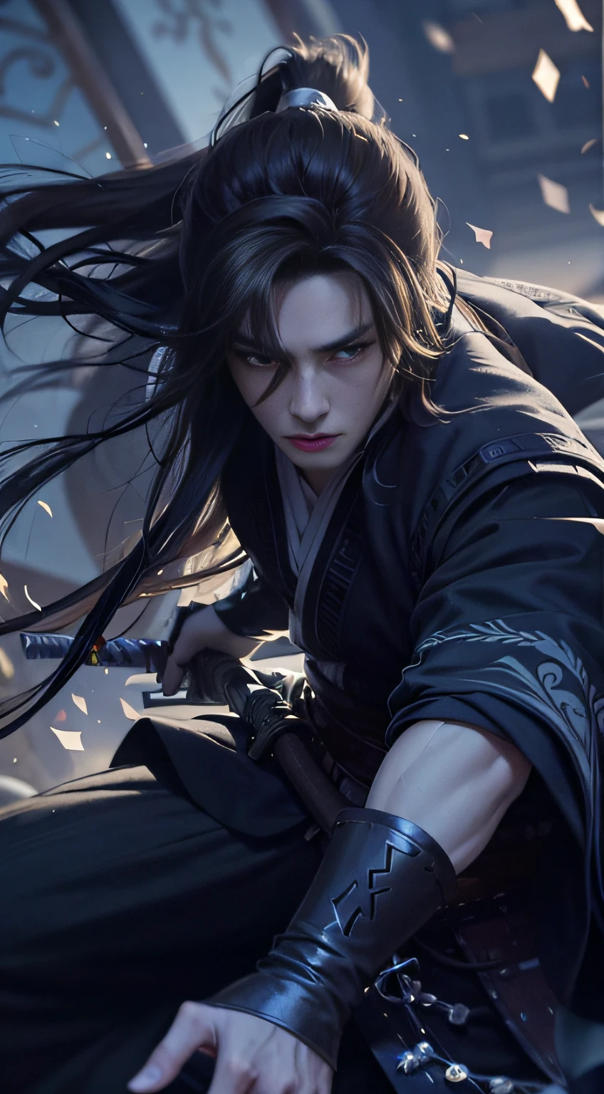 A warrior，long haired，Hanfu，Robe，Sword，Handsome face shape，extremely lifelike：1.2