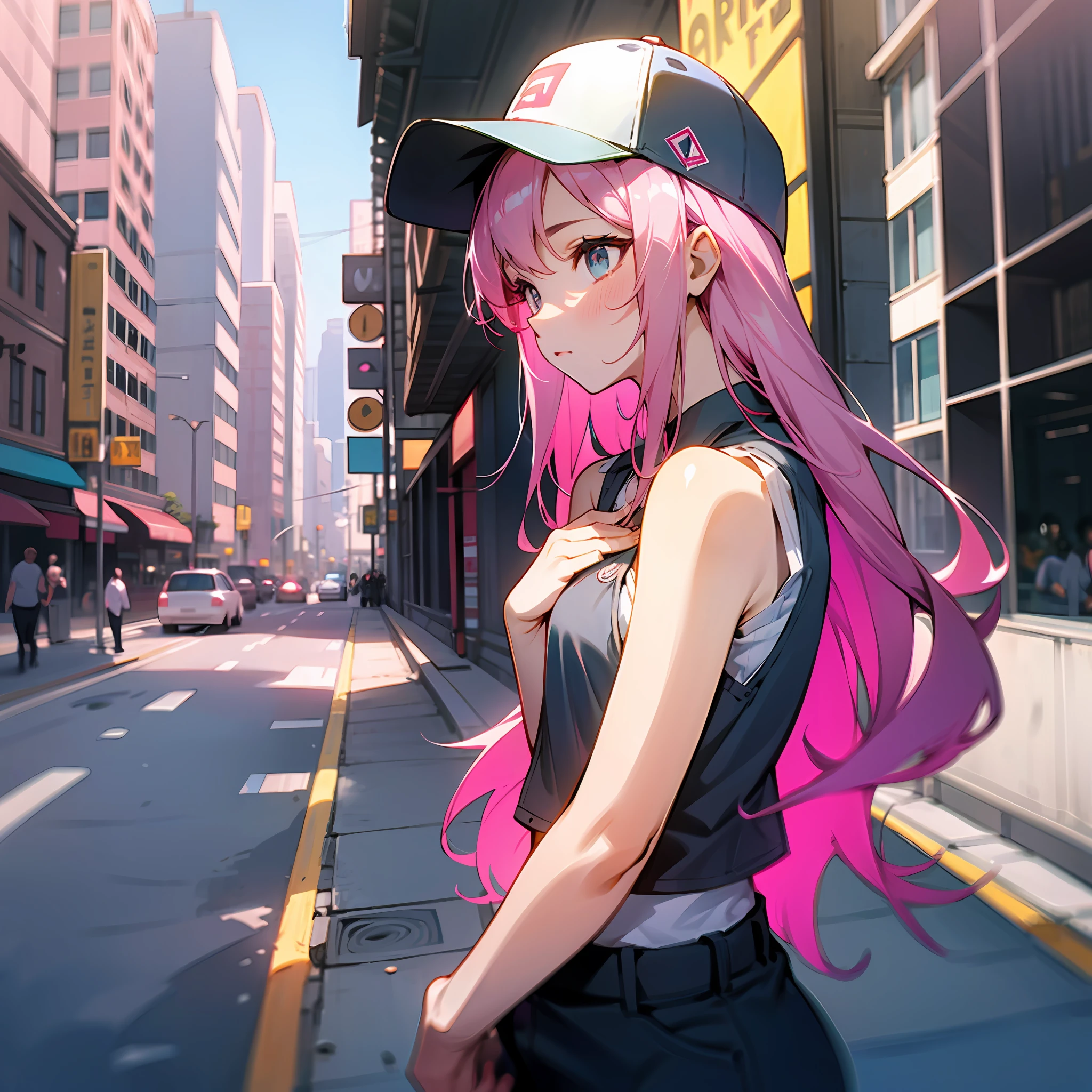 Pink Long Hair,a pregirl,baseball cap,Stylish vest,Middle chest,cargo pants,Film perspective,A bustling city,Feel at ease