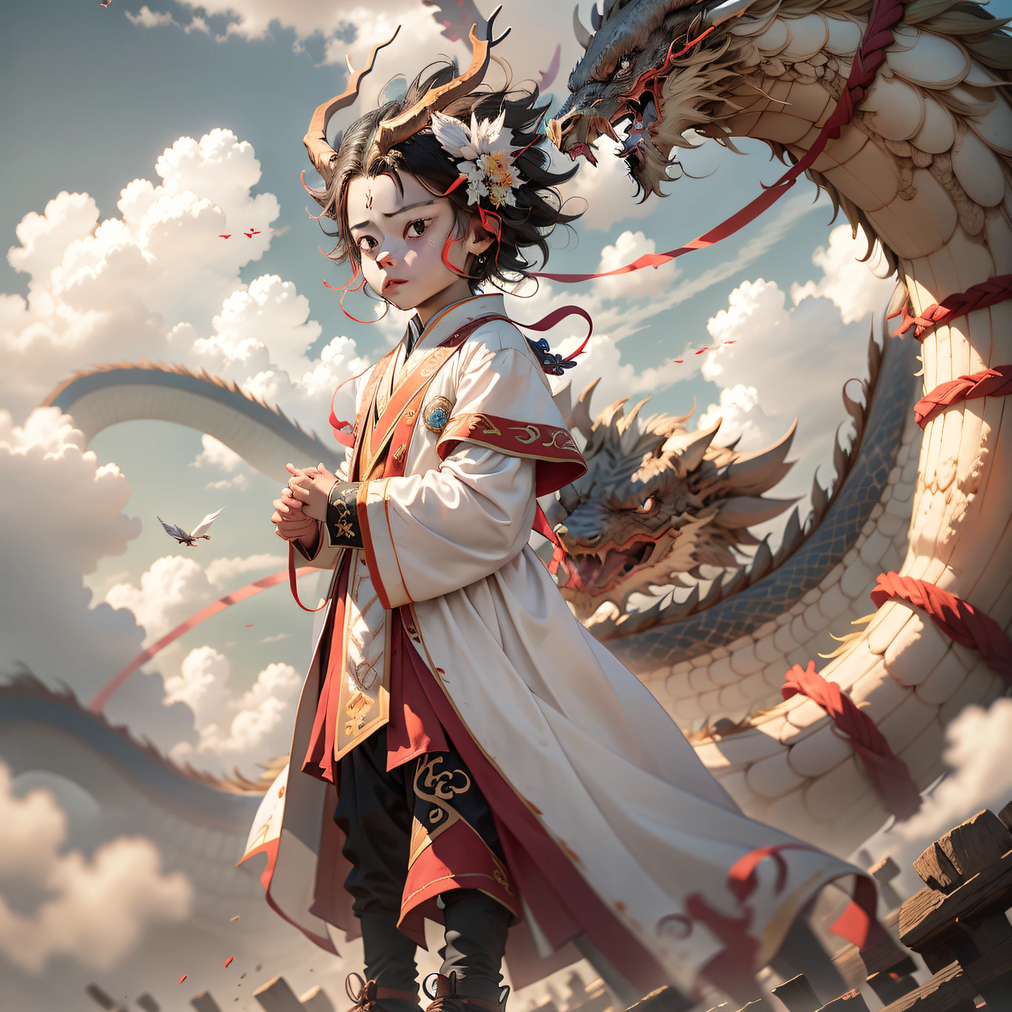 Han costume dress,The boy has two blue and white Chinese dragon horns on his forehead,Human faces,The face is slightly serious,Standing barefoot on the clouds