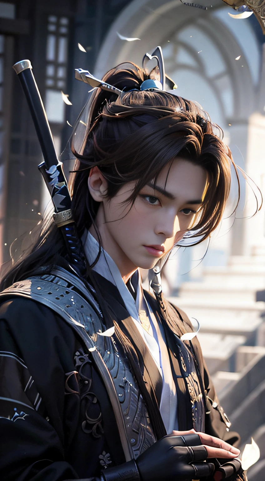 A warrior,long haired,Hanfu,Robe,Sword,Handsome face shape,extremely lifelike:1.2