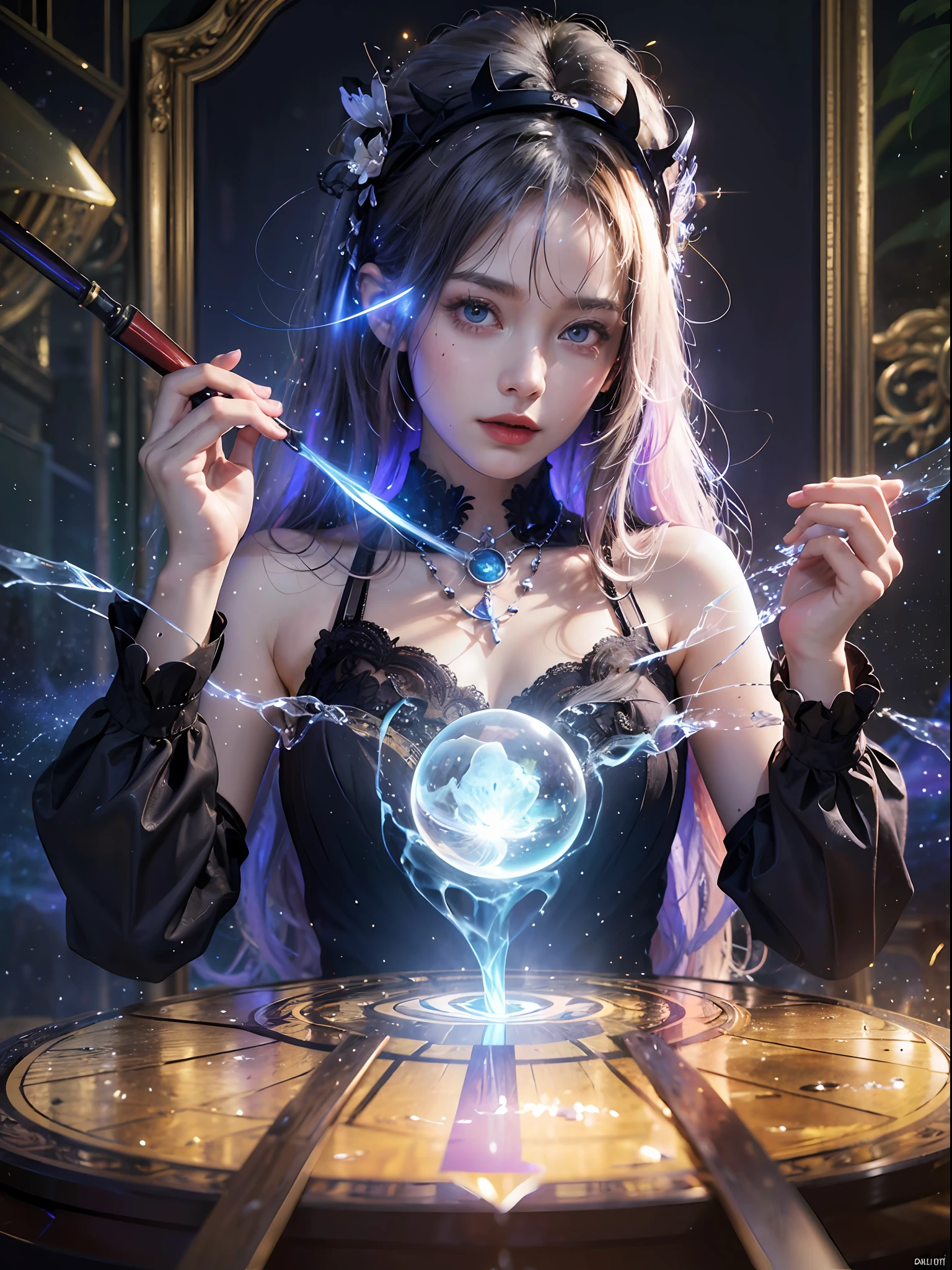 1girl, (witchcore, witchcraft, pagan, mystical, nature, occult) ,fire_element:1.3, magician, spell magic, magic circle, ((magic in hand)),(masterpiece, best quality:1.4),(absurdres, highres, ultra detailed:1.2),(using light magic:1.4),water magic, imaginative overlays, artistic fusion,fantastical scenes, evocative narratives, striking visuals, upper body (((best quality))),(((ultra detailed))),(((masterpiece)))