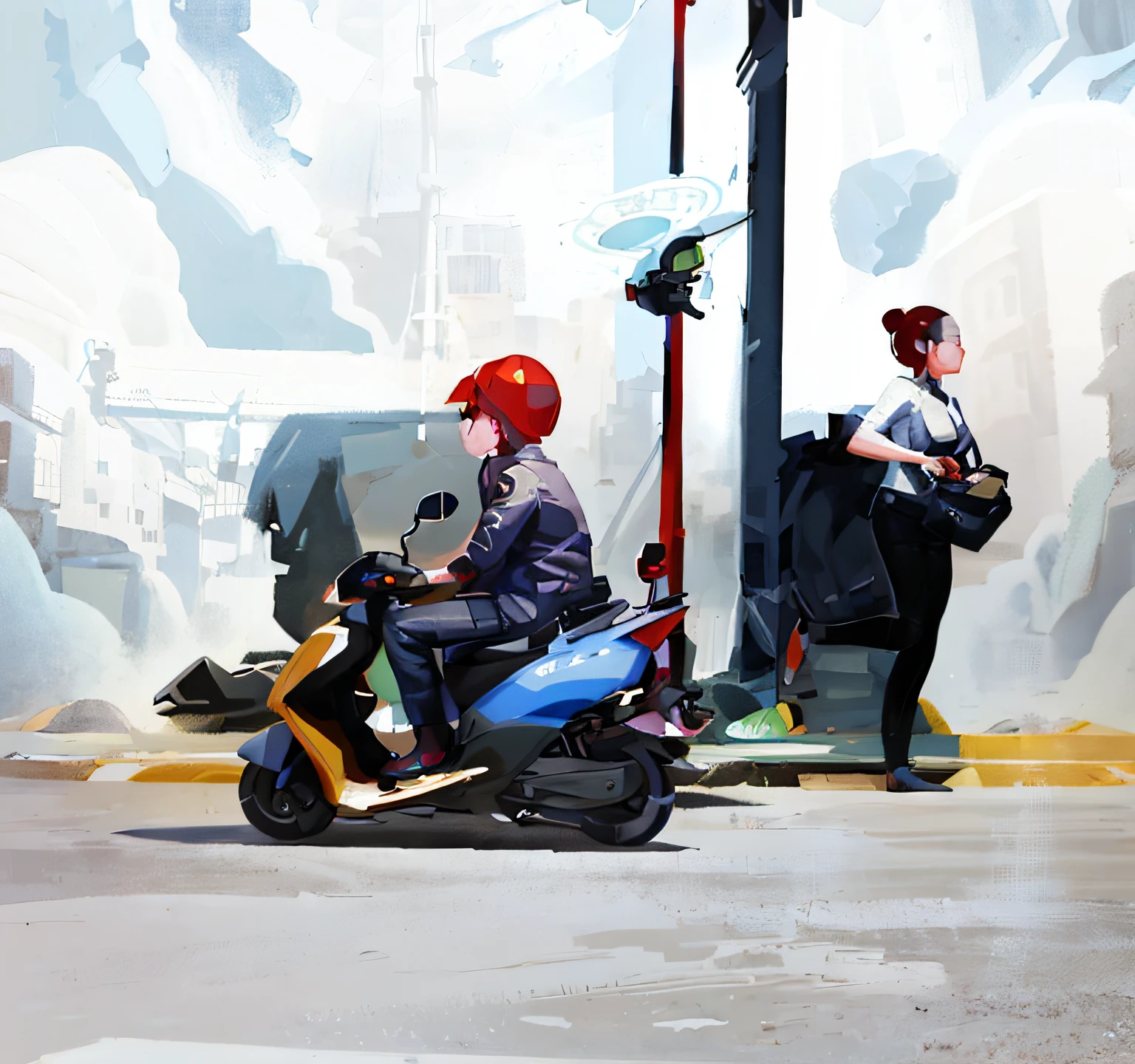 there is a woman that is riding a scooter on the street, author:Zhang Shengqi, 2D illustration, 2 d illustration, author:Russell Dongjun Lu, a beautiful artwork illustration, low detailed. Digital painting, in style of digital illustration, guviz style artwork, author:Lee Jeon-suk, Stylized digital illustration