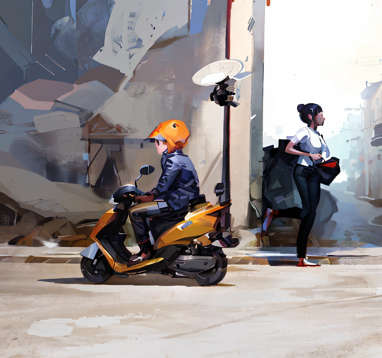 there is a woman that is riding a scooter on the street, author：Zhang Shengqi, 2D illustration, 2 d illustration, author：Russell Dongjun Lu, a beautiful artwork illustration, low detailed. Digital painting, in style of digital illustration, guviz style artwork, author：Lee Jeon-suk, Stylized digital illustration