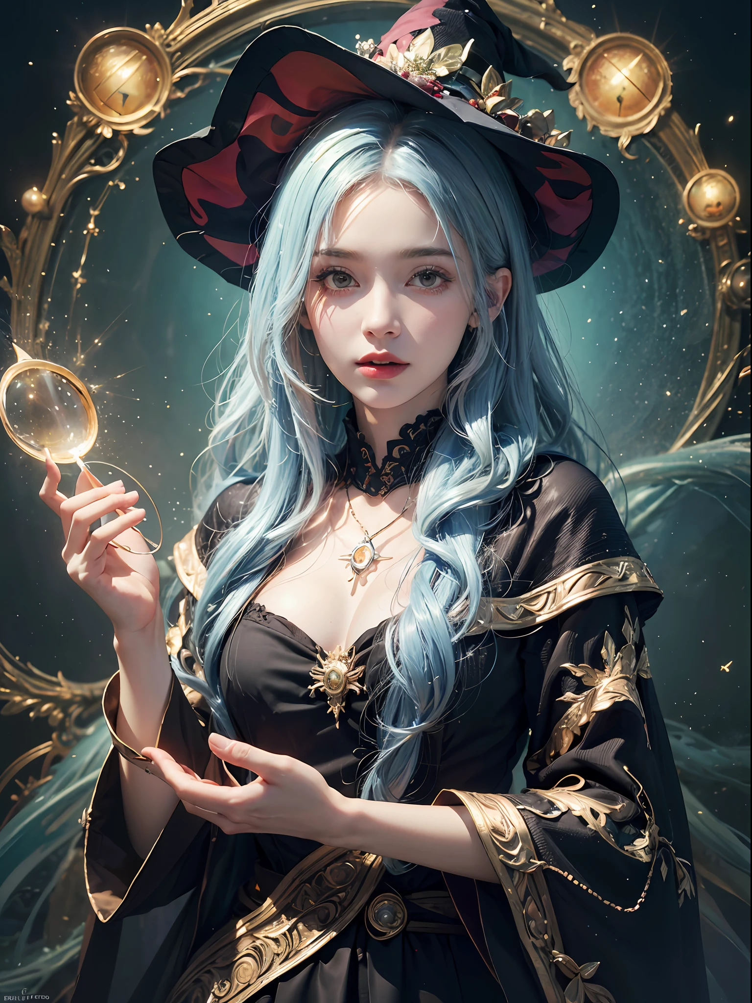 1girl, (witchcore, witchcraft, pagan, mystical, nature, occult) , magician, spell magic, magic circle, ((magic in hand)),(masterpiece, best quality:1.4),(absurdres, highres, ultra detailed:1.2),(using light magic:1.4),water magic, imaginative overlays, artistic fusion,fantastical scenes, evocative narratives, striking visuals, upper body ，(((best quality))),(((ultra detailed))),(((masterpiece)))