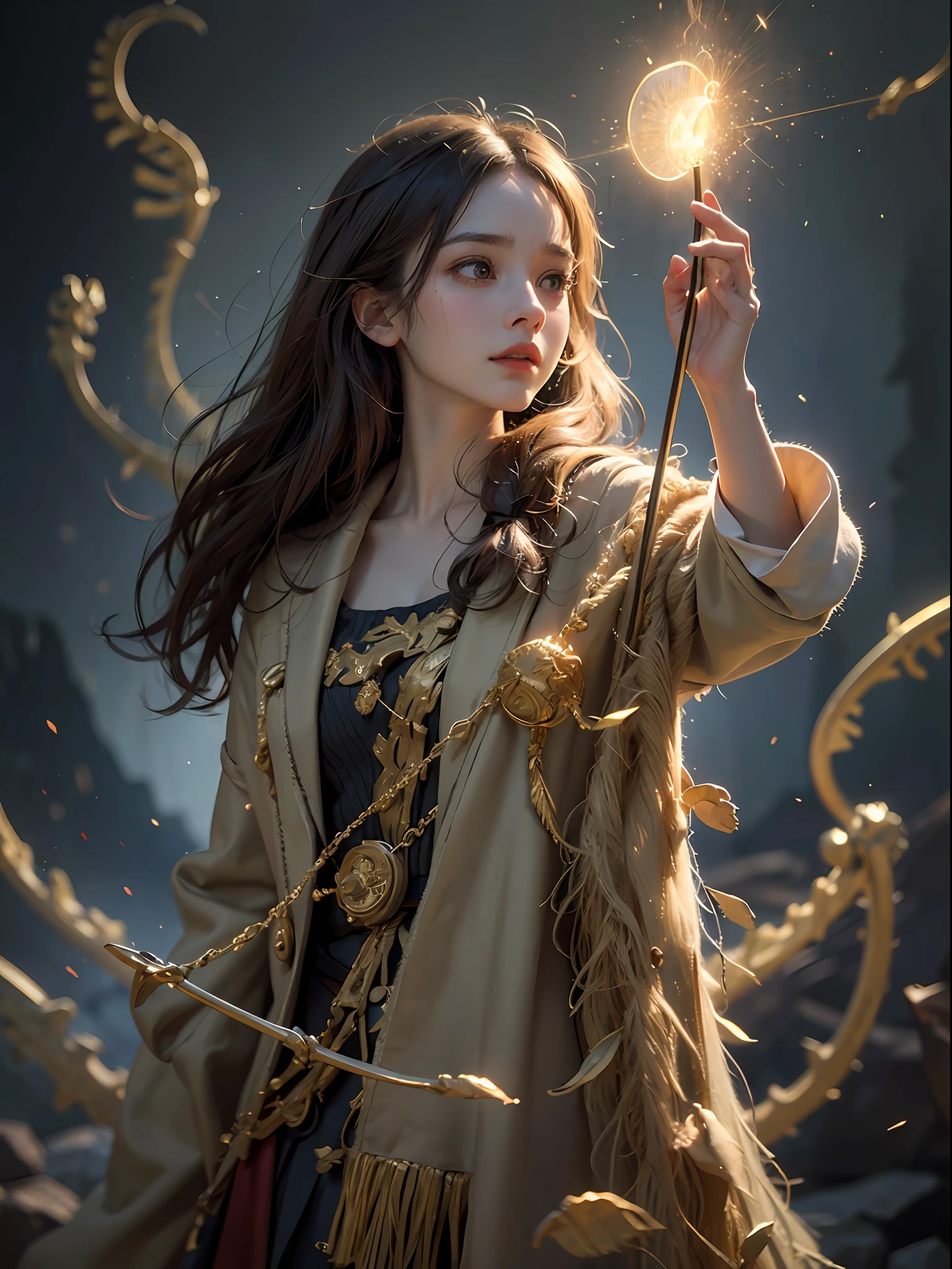 1girl, solo focus, child,  Hermione Granger，realistic， in long hogwarts robes， casting a spell, waving her wand with golden particle effects, lumos maxima against a skeleton soldier in a dark cave, cinematic lighting, trending on ArtStation, by Irakli Nadar, Greg Rutkowski，(((best quality))),(((ultra detailed))),(((masterpiece)))