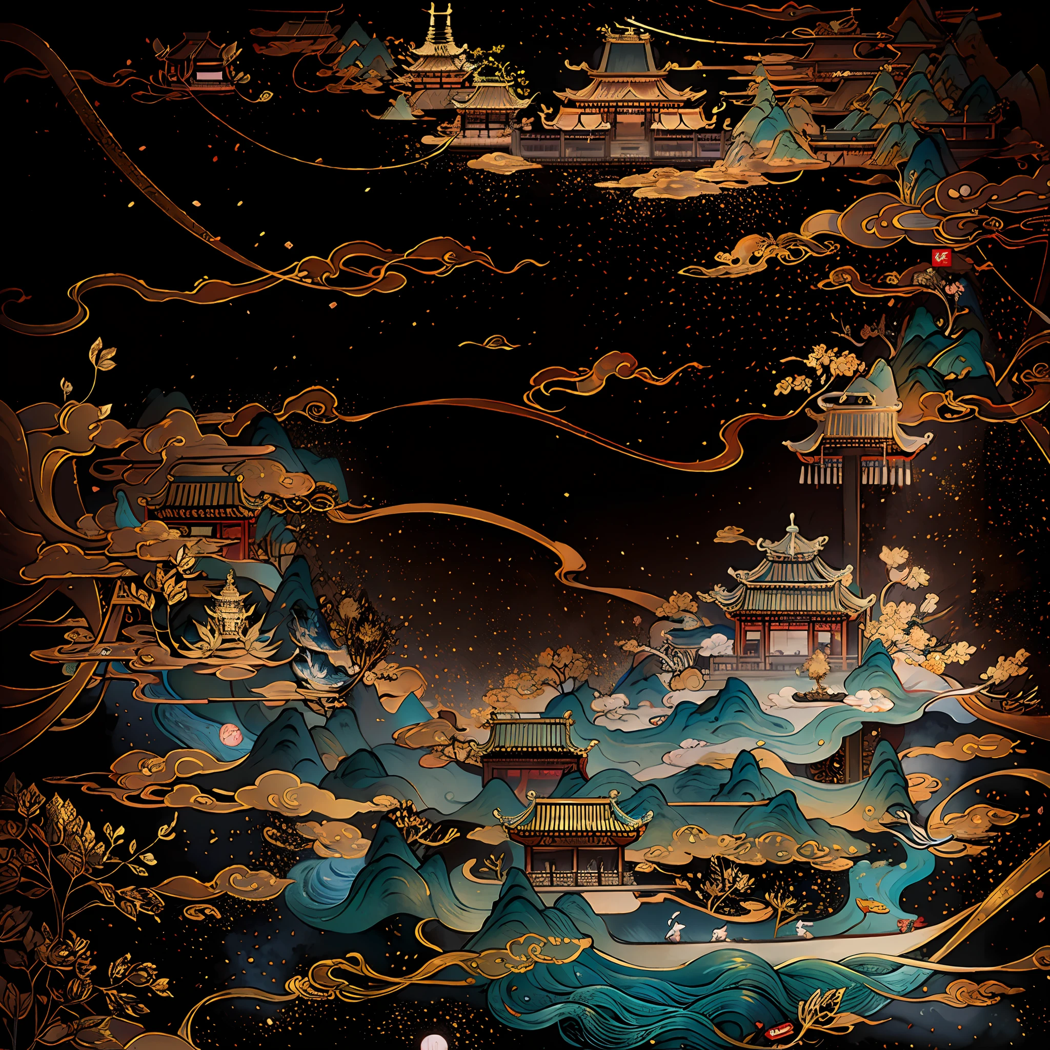 An ancient Chinese painting, ancient Chinese background, mountains, rivers, auspicious clouds, pavilions, sunshine, masterpieces, super detail, epic composition, ultra HD, high quality, extremely detailed, official art, unified 8k wallpaper, Super detail, 32k -- v 6