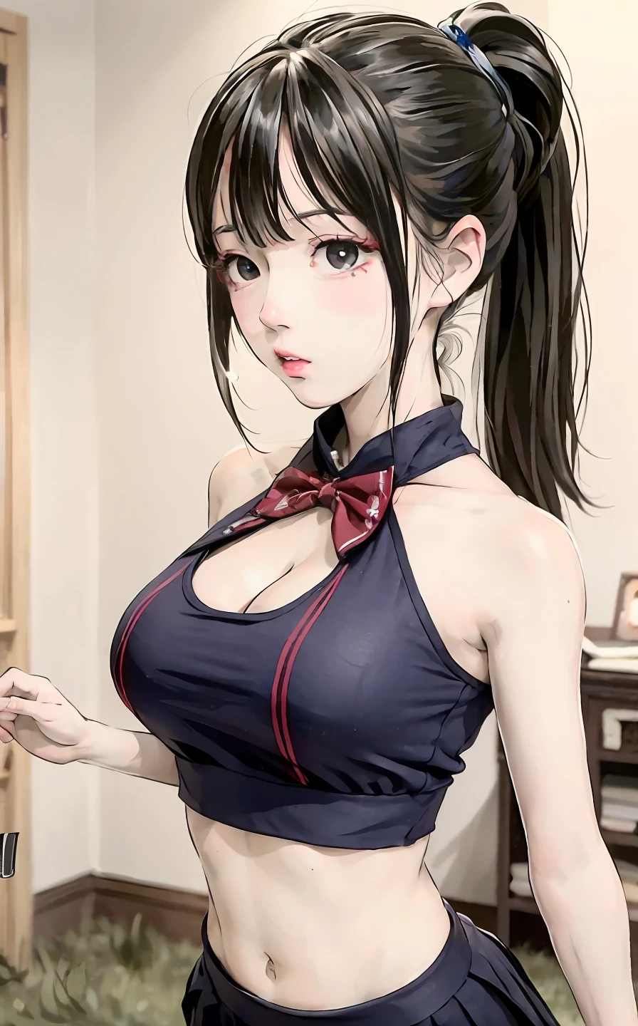 Athletic posture,jogging,Narrow waist, Running athlete role play,(Running field:1.3)Running sports role play,(pleated super short skirt:1.4),(thighlet:1.3),The expression of kissing,shylily,Seduce men,Civilian attire,Harnes(Extreme heat:1.5),(humidity:1.3),(inside room:1.3),1 girl,pupils,Tied with a high ponytail,Bows tied in hair,Background bokeh,frown,semi-,From top to bottom,shylily,Seducting,Cleavage,(Detailed eyes), best possible quality, Ultra detailded, 杰作, (Detailed face),Ancient wind,