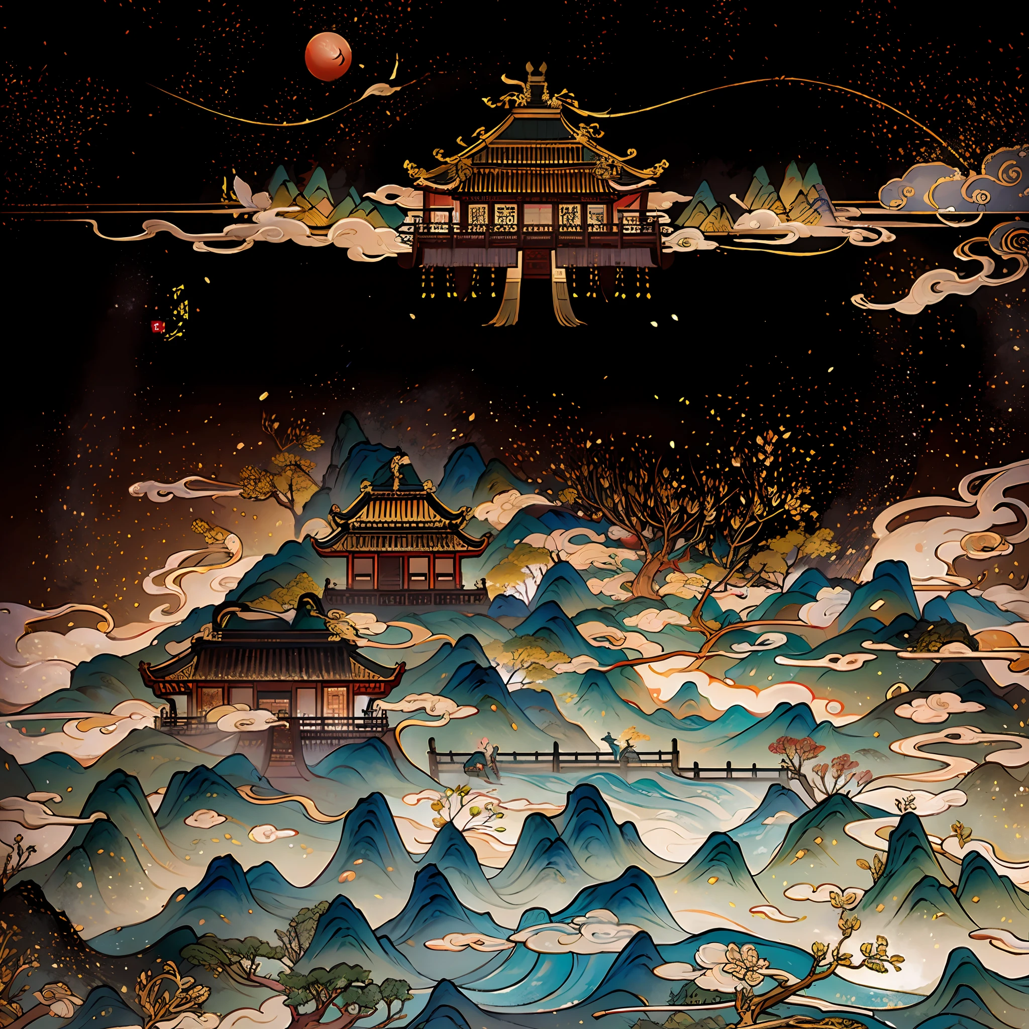 An ancient Chinese painting, ancient Chinese background, mountains, rivers, auspicious clouds, pavilions, sunshine, masterpieces, super detail, epic composition, ultra HD, high quality, extremely detailed, official art, unified 8k wallpaper, Super detail, 32k -- v 6