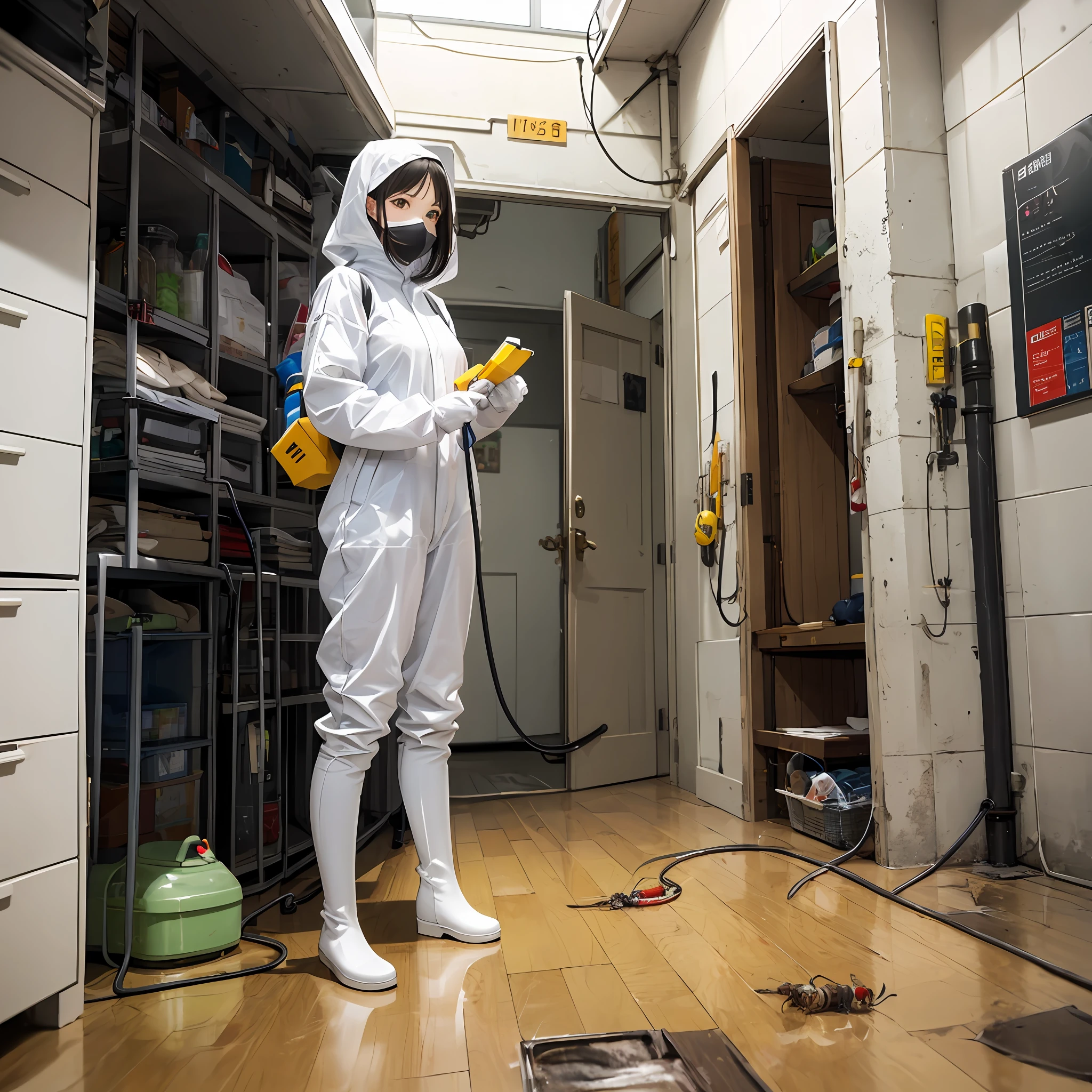 Pest control、hazmat suits、White knee-length rubber boots,、a beautifulchi girl、Raise legs、Looks fun、Beautiful girl getting rid of pests、Mass pests、Floor-to-floor pests、Crushed pests、