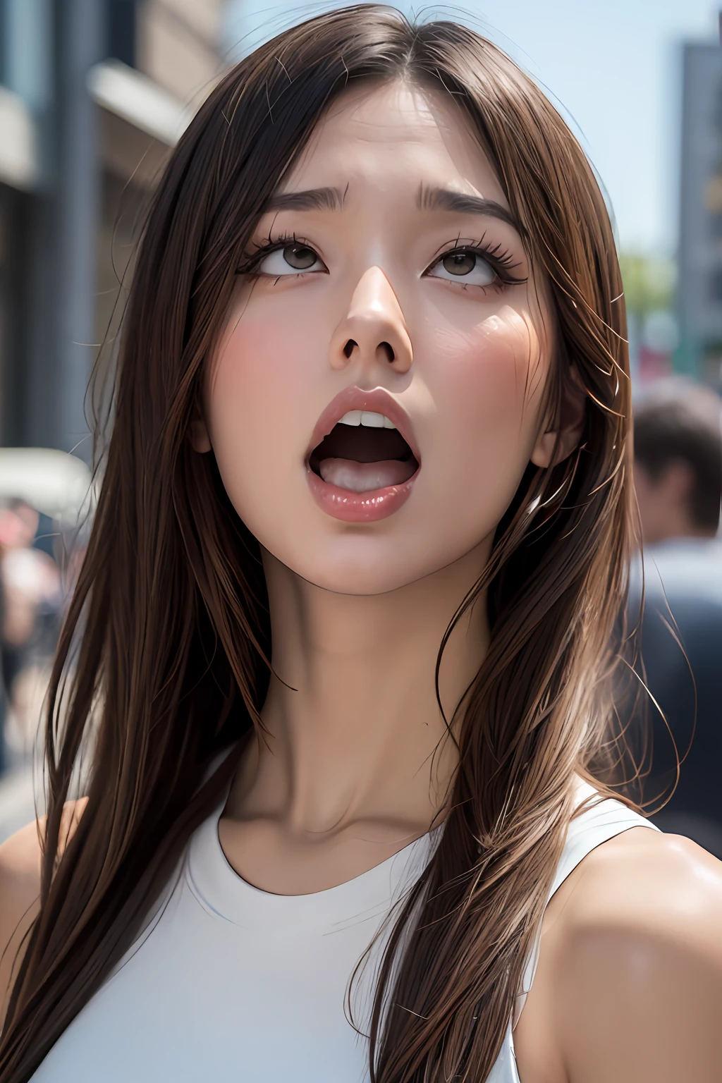 ((Realistic lighting, Best quality, 8K, Masterpiece: 1.3)), Clear focus: 1.2, 1girl, Perfect Figure: 1.4, Slim Abs: 1.1, ((Dark brown hair)), (White crop top: 1.4), (Outdoor, Night: 1.1), City streets, Super fine face, Fine eyes, Double eyelids, gasping, trembling, begging forgiveness, shocked face, scared, terrified, open mouth, deeper look, looking at the viewer, (aheago:1.5)