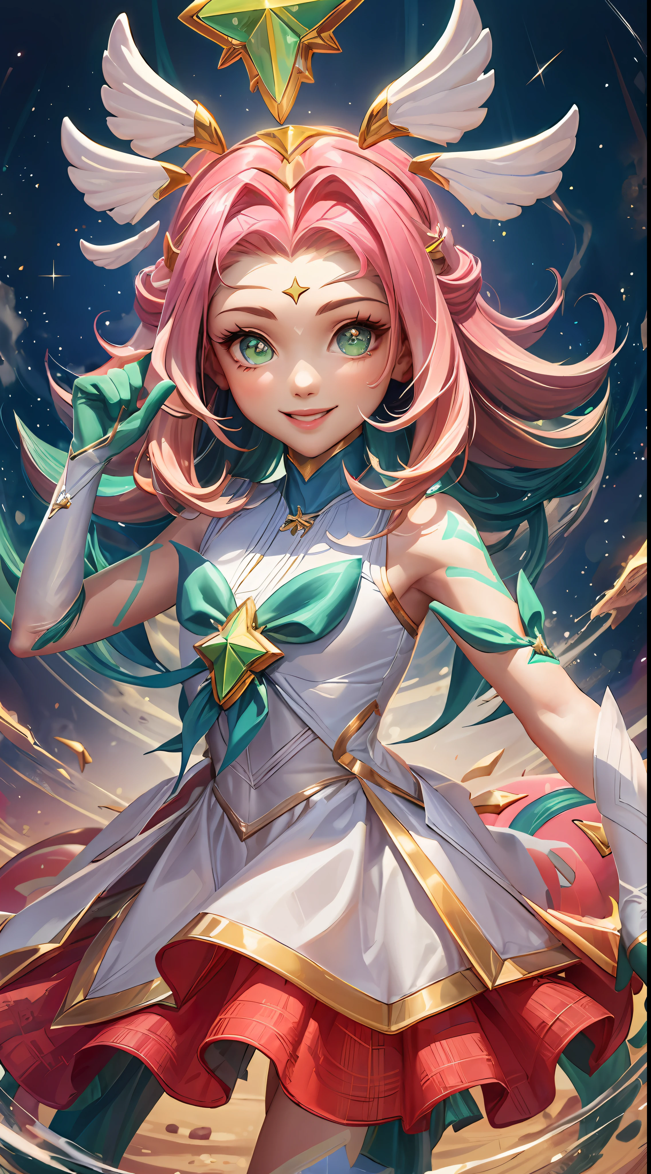 (Masterpiece:1.4), (best quality:1.2), star guardian neeko, 1girl, multicolored hair, dress, star guardian \(league of legends\), magical girl, tail, hair ornament, smile, upper body