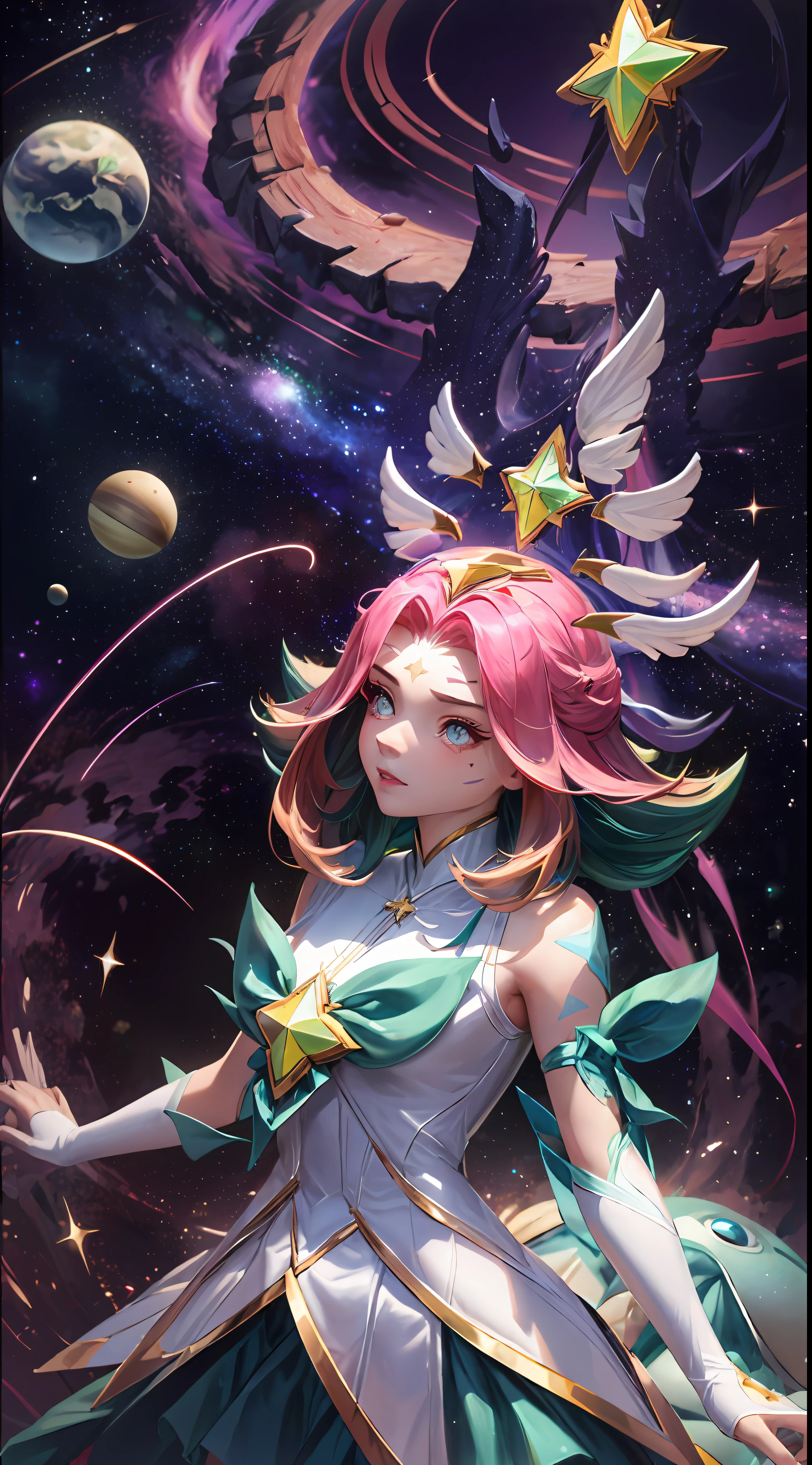 best quality, intricate details,
1girl, neeko, facial marks, star guardian neeko，multicolored hair, dress, star guardian \(league of legends\), magical girl, hair ornament，tail
nebula background, space, stars, planets, darkness,