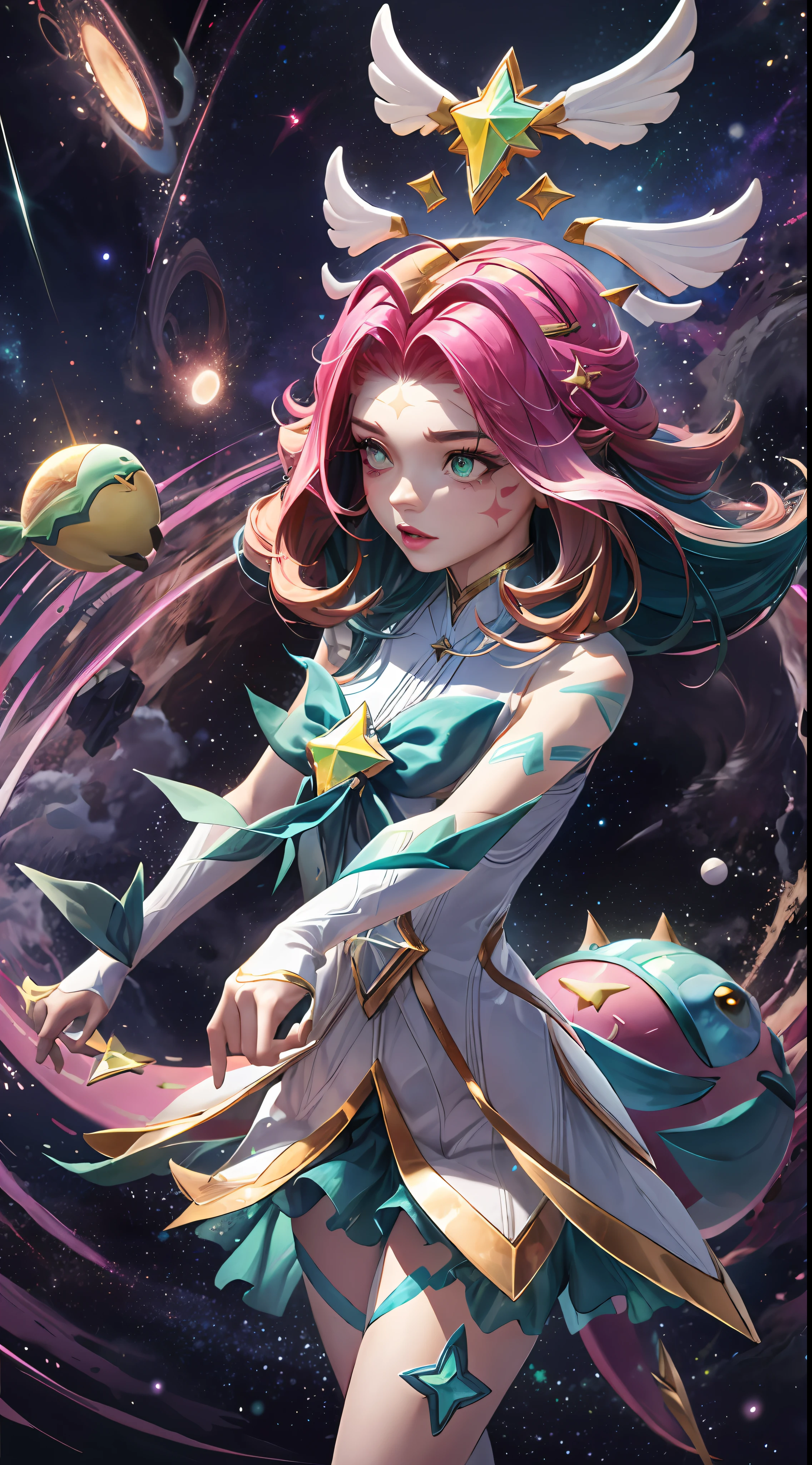 best quality, intricate details,
1girl, neeko, facial marks, star guardian neeko，multicolored hair, dress, star guardian \(league of legends\), magical girl, hair ornament，tail
nebula background, space, stars, planets, darkness,