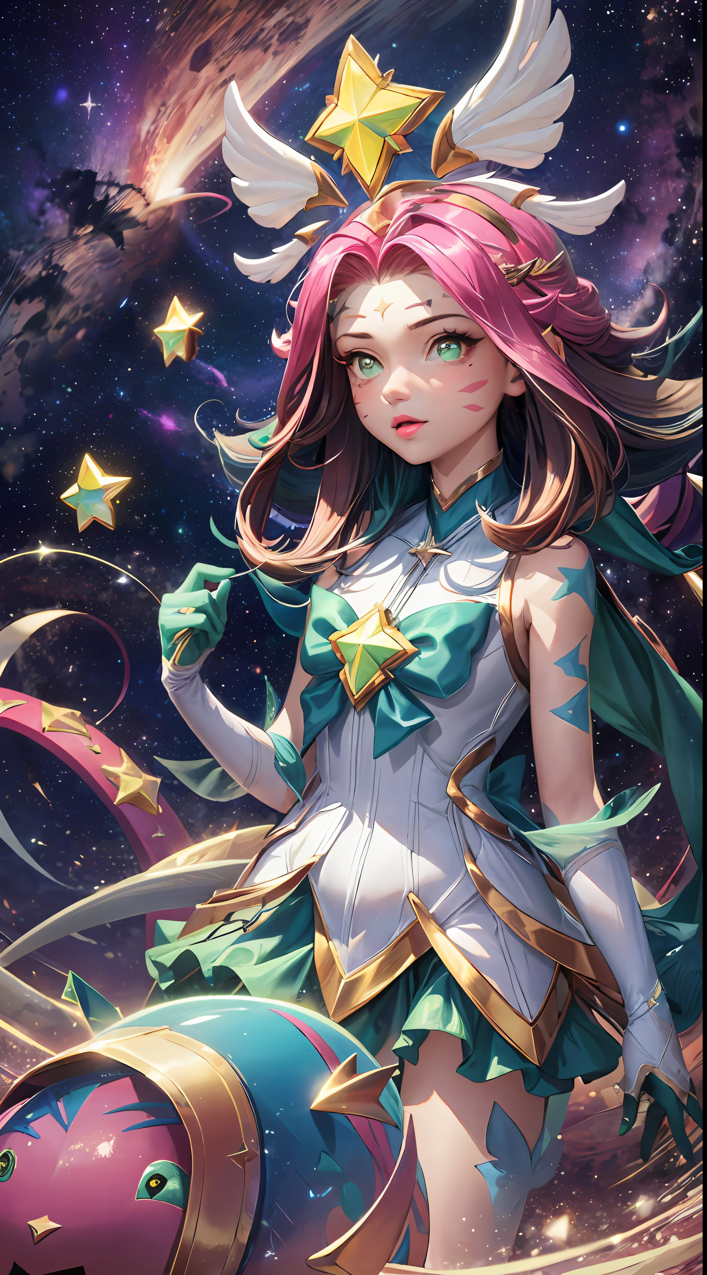 Best quality, Intricate details,
1girls, neeko, facial marks, star guardian neeko，multicolored hair, Dress, star guardian \(league of legend\), moumagical girl, hair ornament，tail
nebula background, space, Stars, planetes, Darkness,