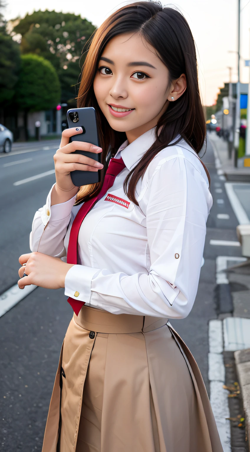 (Top Quality, Masterpiece: 1.2), (Realistic, Photorealistic: 1.37), 8K, RAW Photography, Professional Lighting, Photon Display, Wireless Accuracy, Physical Rendering, 1 Japan Girl, Solo, Cute, High School, Brown Hair, Rolled Hair, (Japan High School Girl Uniform: 1.5), Street, Holding a Smartphone, Sunset, Big, Smiling Lightly, Closed Mouth