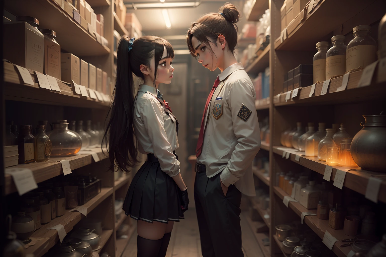 School uniform of alchemists, A boy and a girl are standing side by side, Alchemical equipment, Eerie atmosphere, Magical atmosphere, fantasy