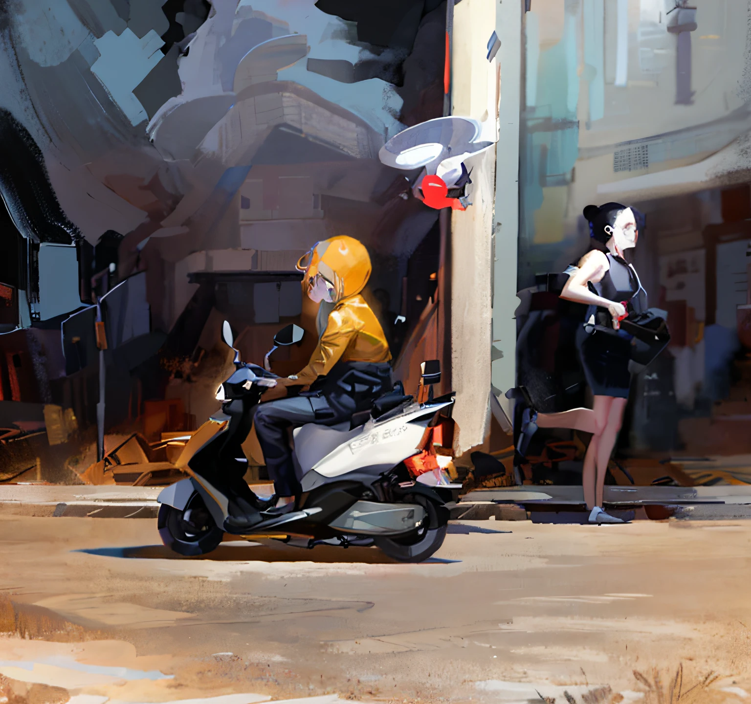 there is a woman that is riding a scooter on the street, author：Zhang Shengqi, 2D illustration, 2 d illustration, author：Russell Dongjun Lu, a beautiful artwork illustration, low detailed. Digital painting, in style of digital illustration, guviz style artwork, author：Lee Jeon-suk, Stylized digital illustration