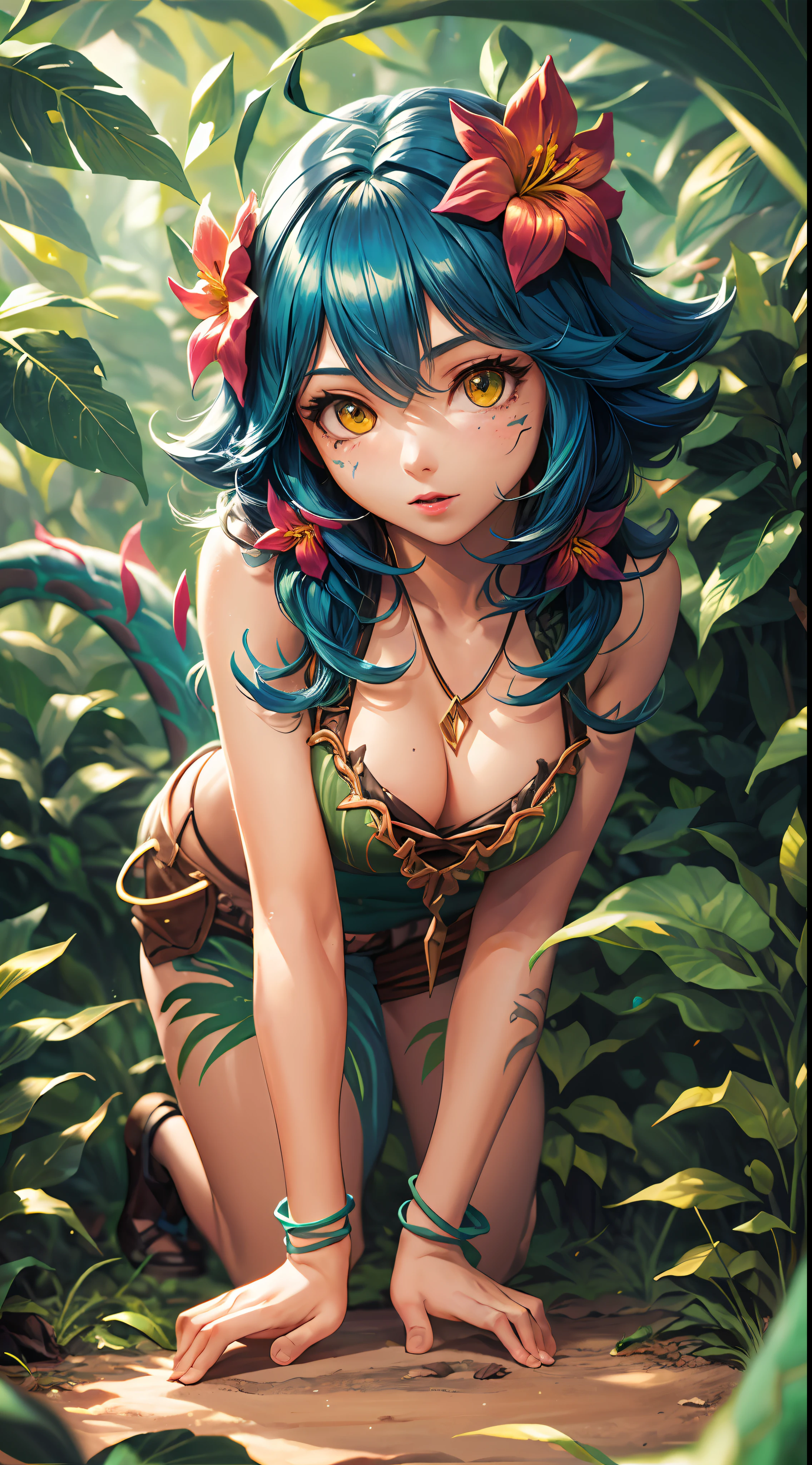 Best quality, Intricate details, 1girls,Nico,league of legend,((stooping)),((Bend over)),watchfulness,vigilante, facial marks, hair ornament, hair flower, necklace, shortpants, Crop topping,(Green lizard tail), forests, jungles, the rainforest, botanic, green trees