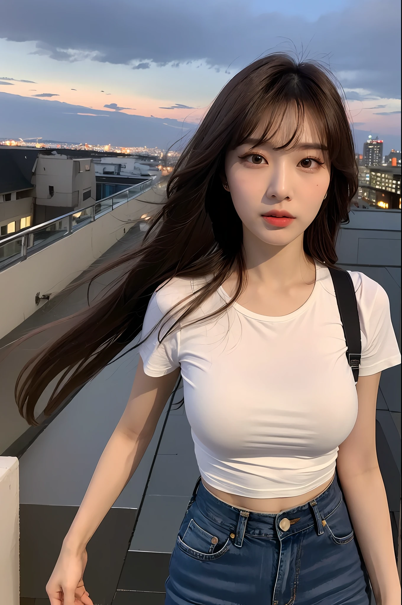 ((Midnight, Best quality, 8k, Masterpiece :1.3)), Whole body, Long legs, Sharp focus :1.2, A pretty woman with perfect figure :1.4, Slender abs :1.1, ((Dark brown hair, Big breasts :1.2)), (White tight tshirt, bow hair, Jean bib, Standing:1.2), ((Night city view, Rooftop:1.3)), Highly detailed face and skin texture, Detailed eyes, Double eyelid,