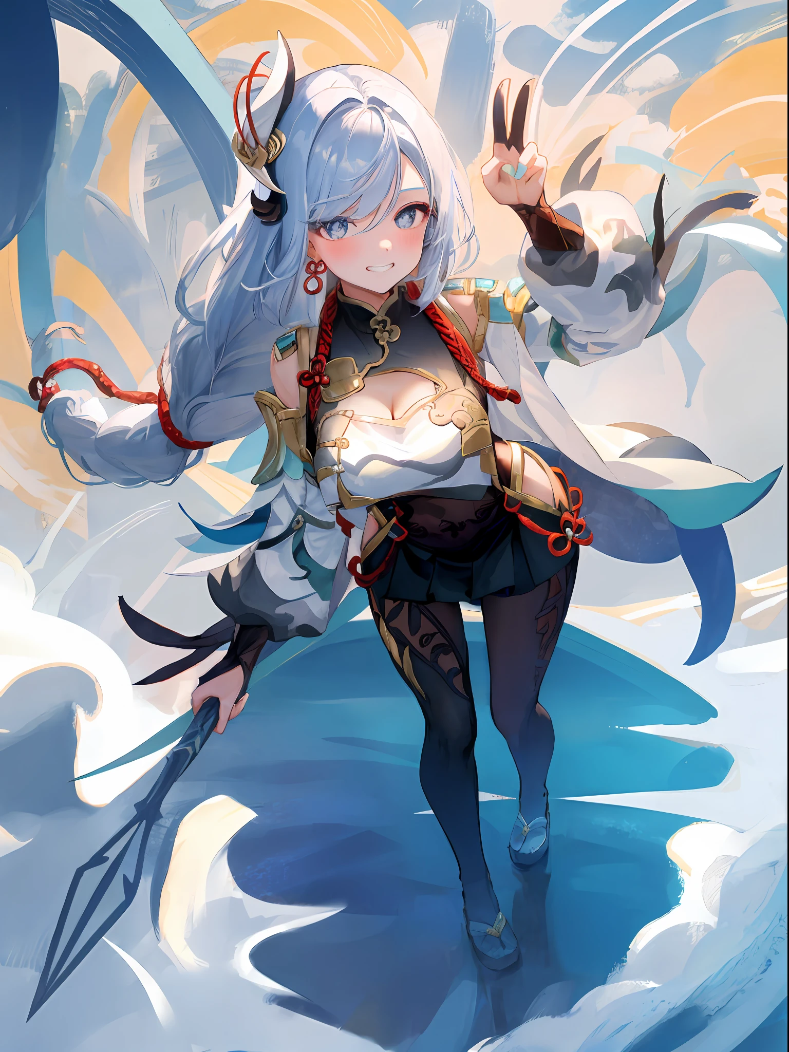 shenhe, 1girls, Solo, ((White shirt)), black thighigs, breasts, Cleavage, Black skirt, hair between eyes, Large breasts, Long hair, Silver hair, silver short nails, Silver eyes, Blush, Sexy pose, aqua eyes, Blue eyes, Colorful background, Cat ears, grin, japan animation, High detail, art-deco, ((巨作)), Best quality