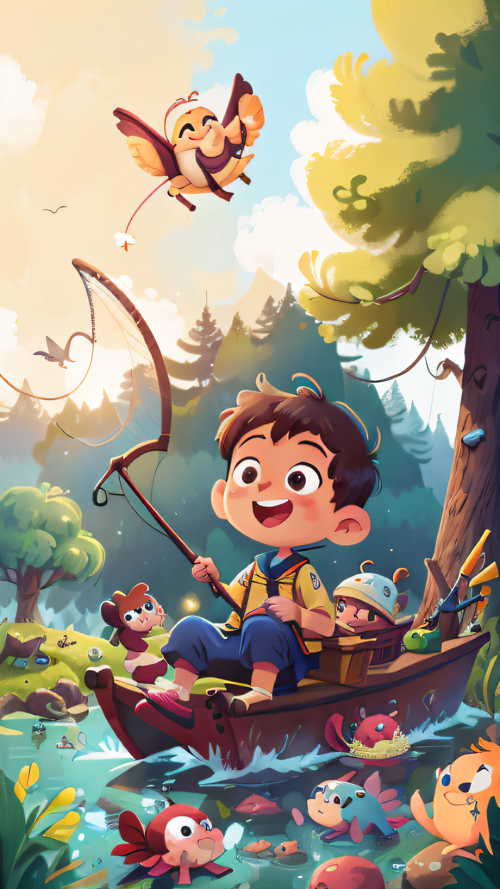 A 6-year-old boy fishes on a boat,He wore a sailor suit,There are octopuses on the head,Fishing in a net,cheerfulness,big laughter,Perfect quality,Disney style,Clear focus (mess - house:0.8),(杰作:1.2) (逼真:1.2) (Bokeh) (best qualitiy) (details on skin:1.3) (complexdetails) (8K) (Eye Detail) (Clear focus), (cheerfulness)