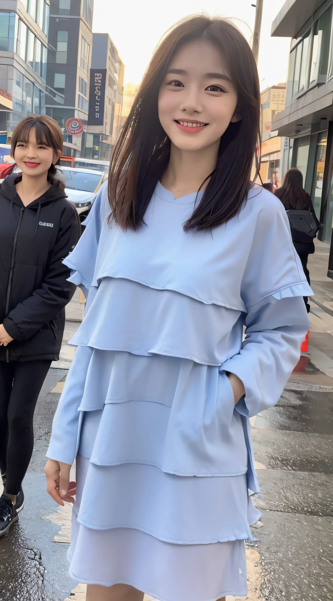 ((Best Quality, 8K, Masterpiece:1.3)), Focus: 1.2, Perfect Body Beauty: 1.4, Buttocks: 1.2, ((Layered Haircut, Breasts: 1.2)), (Wet Clothes: 1.1), (Rain, Street:1.3), Bandeau Dress: 1.1, Highly Detailed Face and Skin Texture, Fine Eyes, Double Eyelids, Whitening Skin, Long Hair, (Shut Up: 1.3), Smile