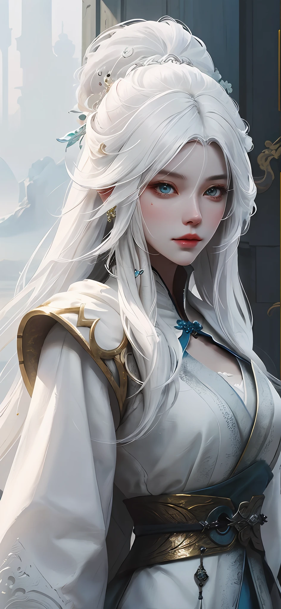 a close up of a woman with white hair and a white mask, beautiful character painting, guweiz, artwork in the style of guweiz, white haired deity, by Yang J, epic exquisite character art, stunning character art, by Fan Qi, by Wuzhun Shifan, guweiz on pixiv artstation