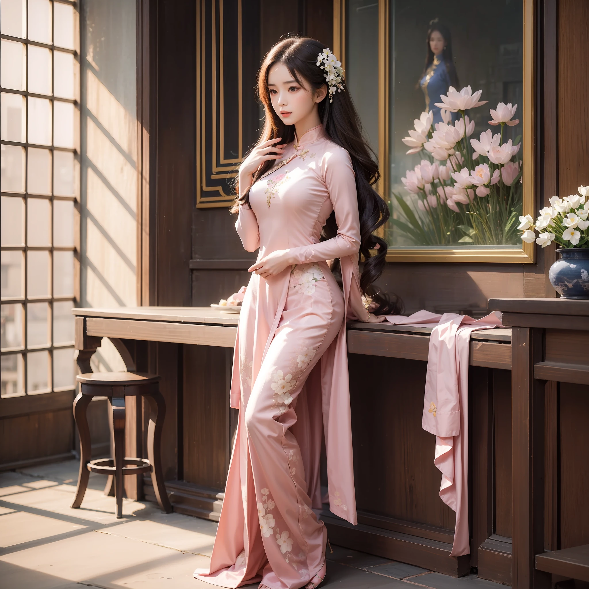 an 8K quality photo of a very beautiful Vietnamese woman in a traditional Vietnamese ao dai. She gets light makeup, stand out and pose elegantly. Her face is graceful and good-looking, creating a traditional beauty of Vietnamese women. She is standing in an old castle, holding a bouquet of bright pink lotus flowers. Her tunic is similarly pastel pink, Create a quiet and soothing space. The photo was taken with extreme detail, Make sure every aspect of the photo is sketched with incredible accuracy. The photo does not have any errors in the face, hands and feet, and overall a beautiful and captivating photo. The photo material is designed in an ancient style, with retro and vintage colors, Create a classic and luxurious space. Associated with this scene are works by famous painters and photographers such as Leibovitz, Ansel Adams, và Edward Hopper, along with other artists such as Claude Monet and Georgia O'Keeffe