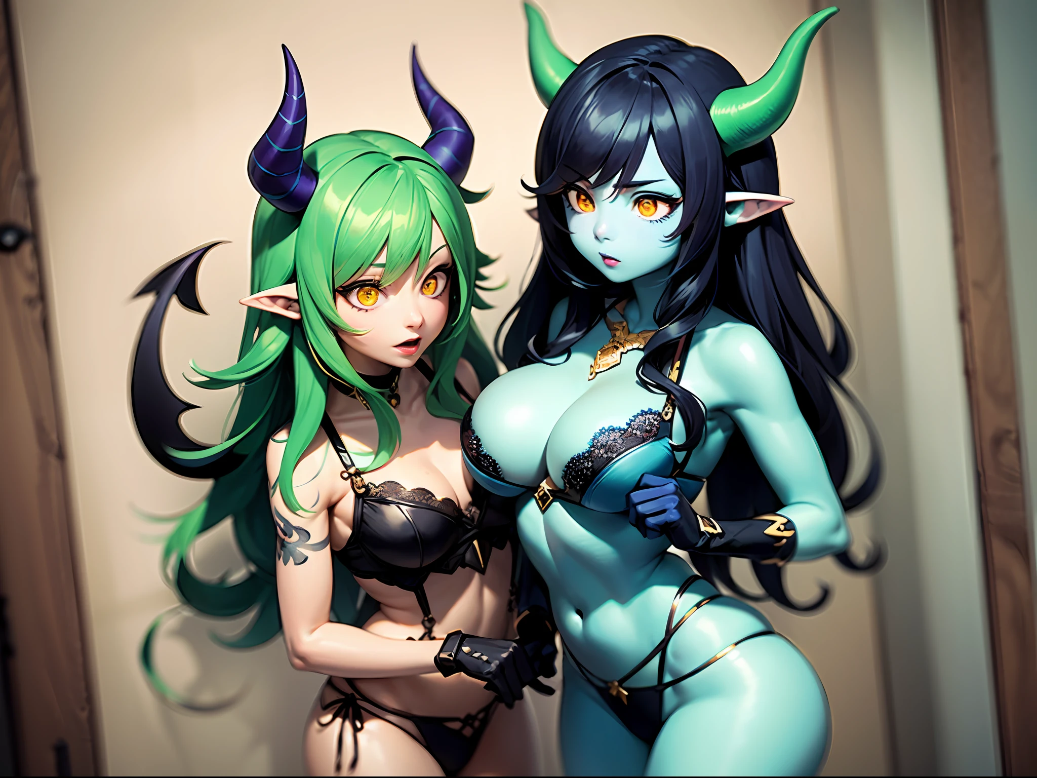 (masterpiece: 1.2, best quality), 2 girls(green skin, blue skin), black hair,huge breasts, anger, closed mouth, tattoo, (Dynamic posture), (bright skin, dark green skin), demon girl, green skin, blue skin, thin and lacy gloves, (small demonic horns:1.1), (heaven), fringe, (jewelry, golden ornament:1.15), large pelvis, black pantyhose